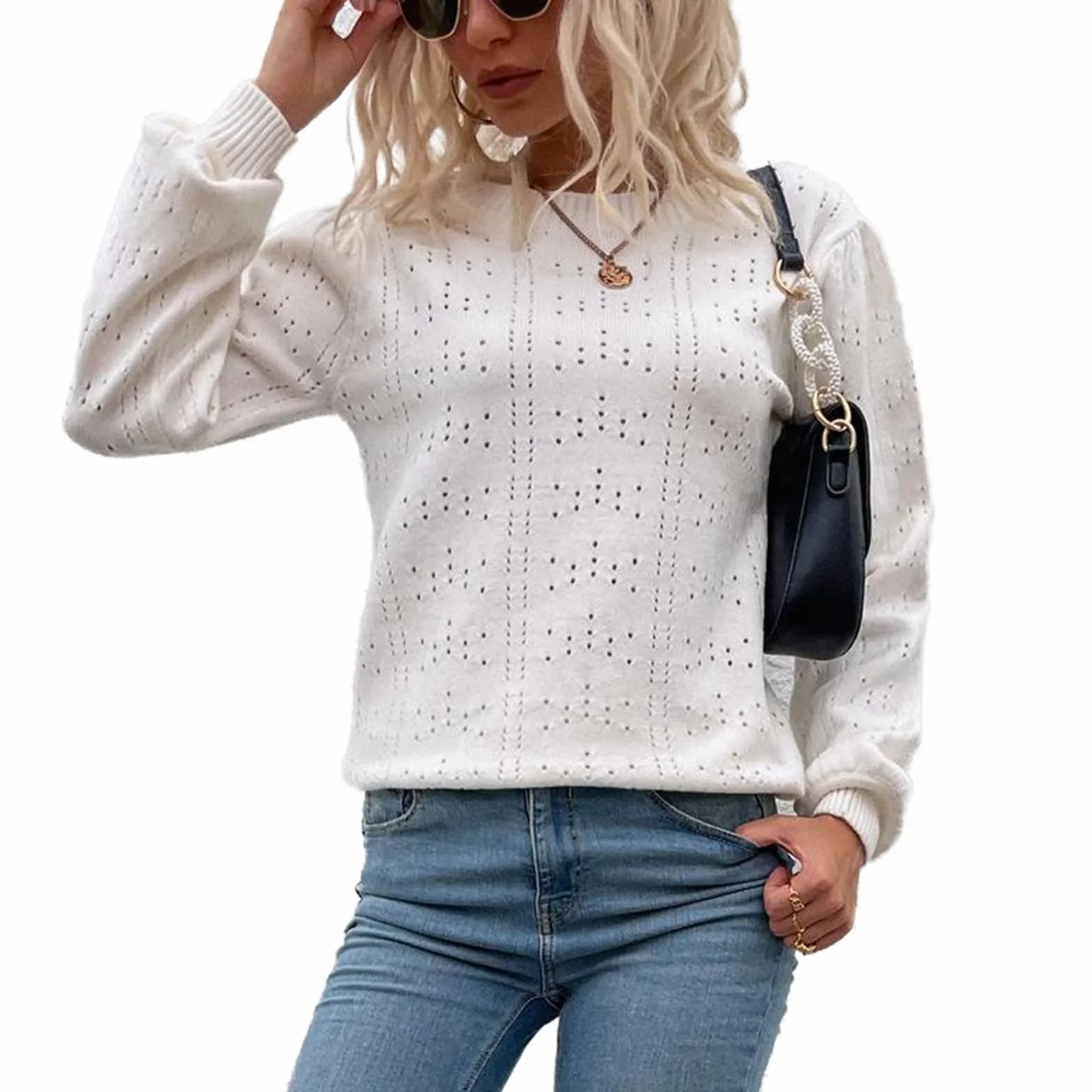 Damski sweter z okrągłym dekoltem sweter pusty dzianina codzienny długi rękaw miękki sweter z dzianiny płaszcz, biały, L