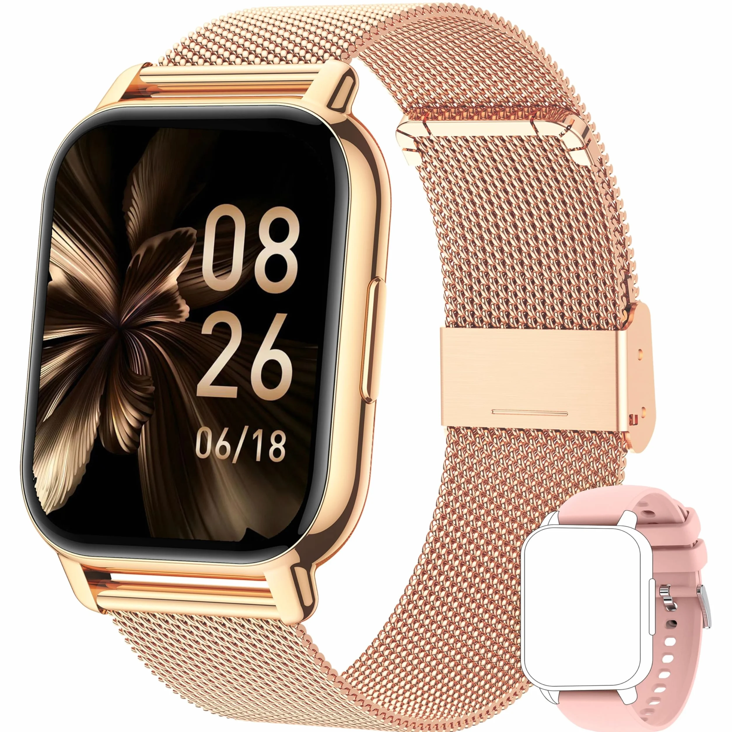 Popglory Damski smartwatch, funkcja odbierania połączeń, pomiar ciśnienia krwi, tętna i snu, ponad 100 sportów, Android, iOS