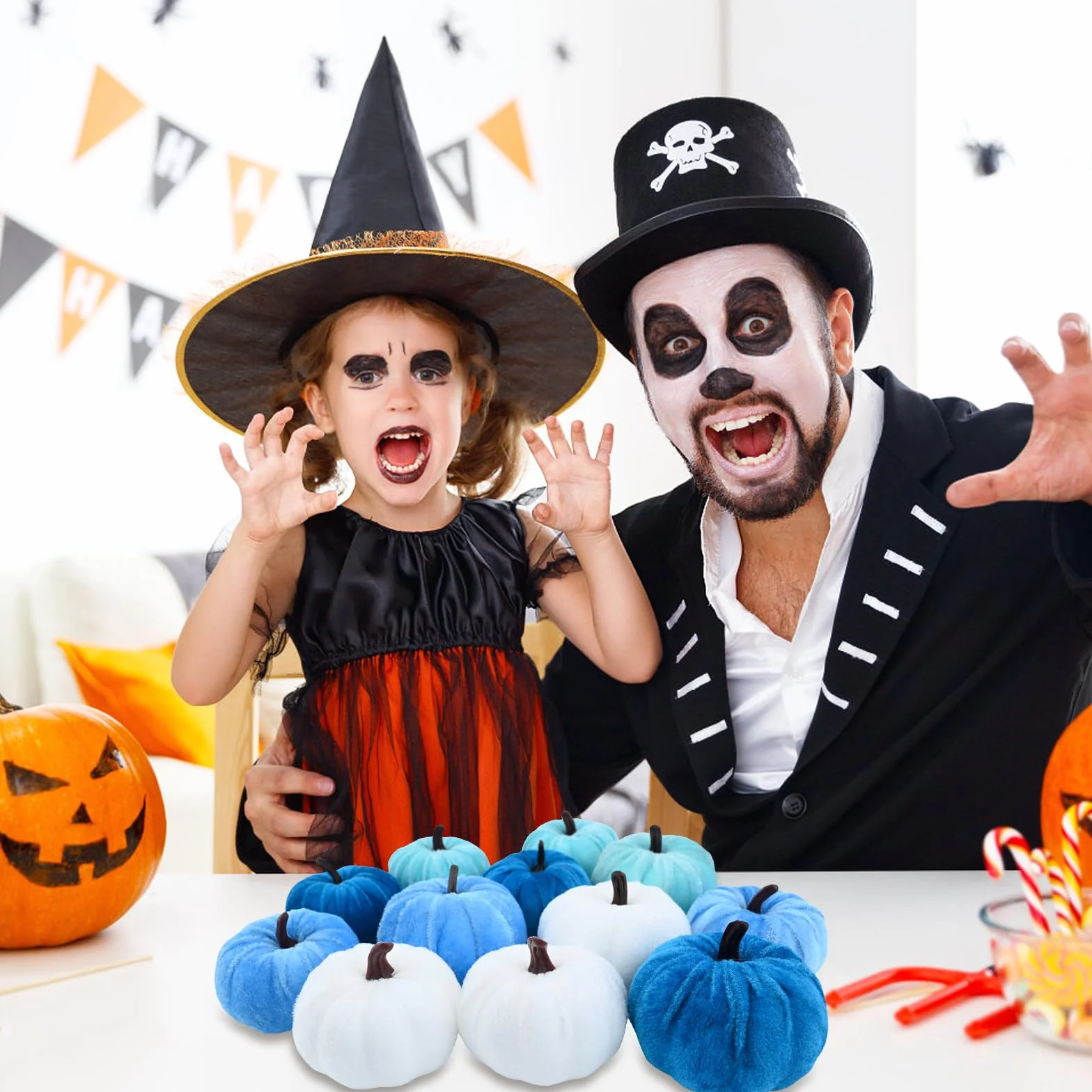 12 sztuk sztucznych dyni na Halloween, dekoracyjne dynie, symulacja, pianka, sztuczne aksamitne dynie, zestaw dużych i mini sztucznych dyni, Halloween, impreza, jesień, dekoracja stołu (E)