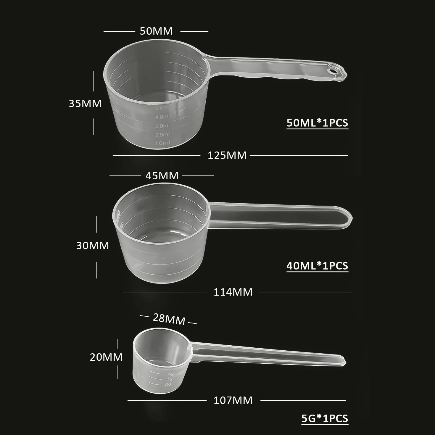 3 łyżki pomiarowe, miarki 50 ml, 40 ml, miarka 5 g, miarka z tworzywa sztucznego, mała miarka, przezroczysta łyżka do skalowania, ilościowe narzędzie pomocnicze do kuchni