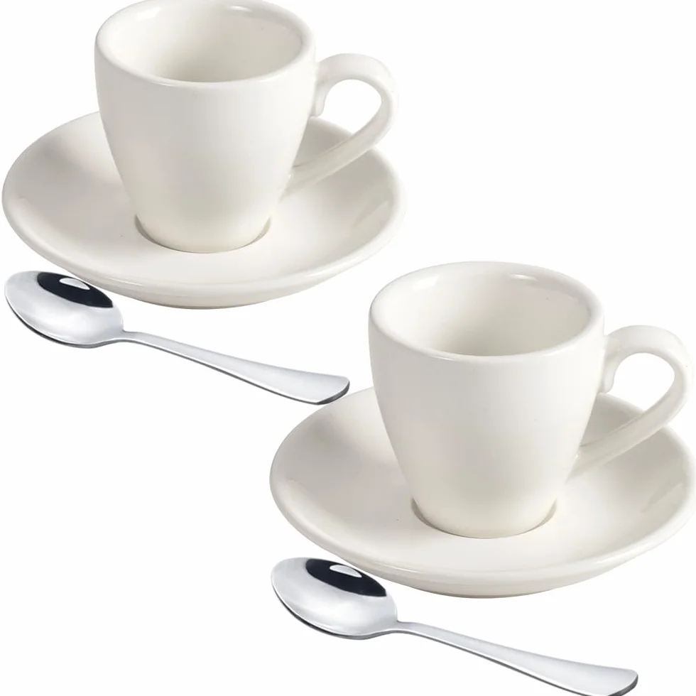 ionEgg Porcelanowy kubek do espresso ze spodkiem i łyżkami 80 ml 2 sztuki biały