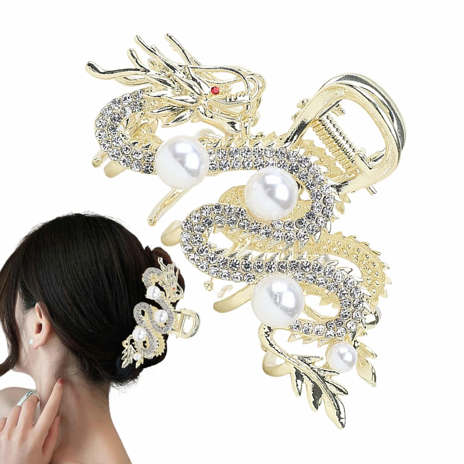 Chińskie spinki do włosów z motywem smoka, eleganckie metalowe zaciski do włosów, spinka do włosów z motywem smoka, spinka do włosów z perłą, smoki, spinka do włosów na urodziny