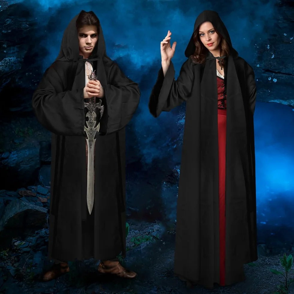 AOOWU czarna peleryna z kapturem na Halloween, kostium czarownicy, peleryna z wampirem do przebrania za króla i księcia, karnawał i imprezy tematyczne, czarny