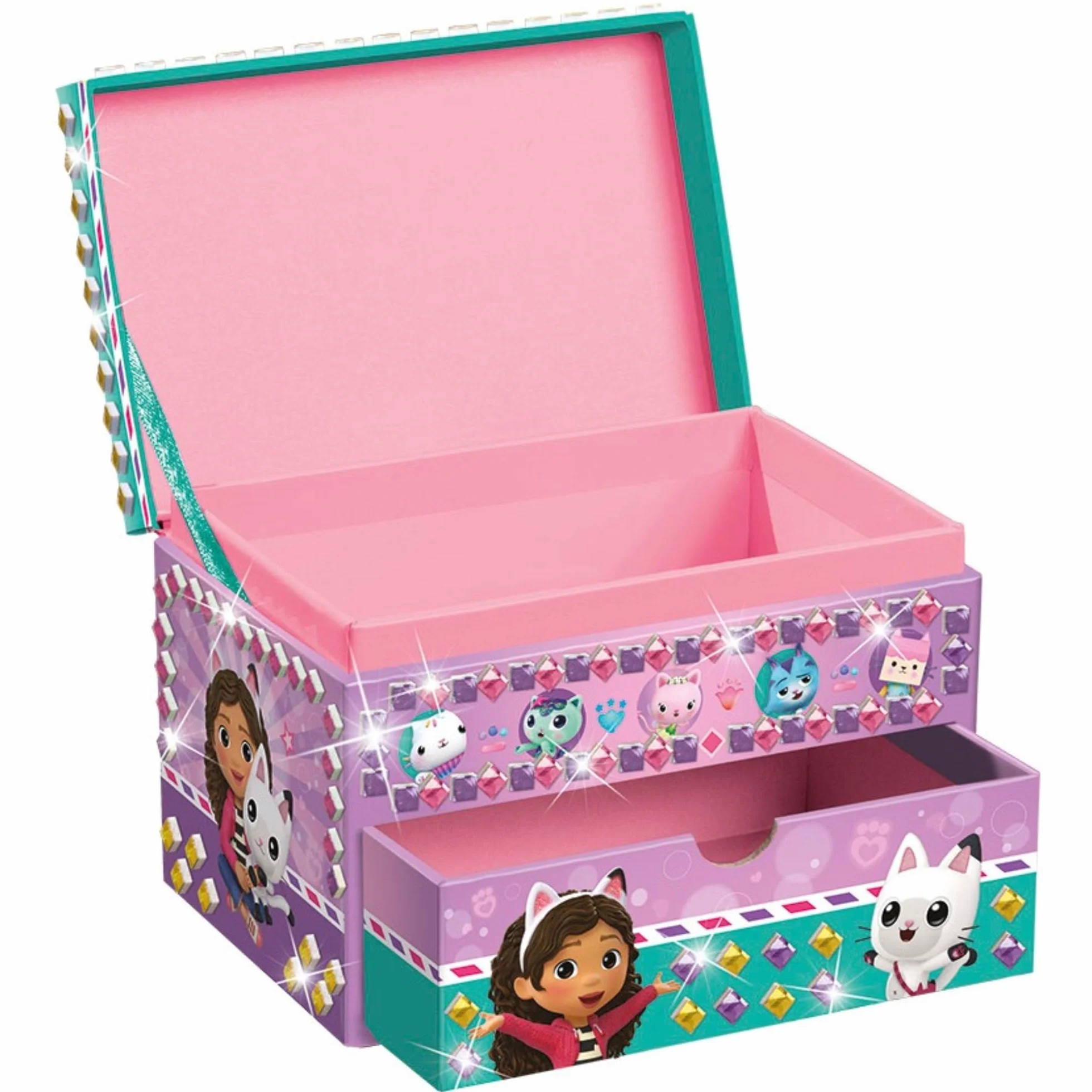 TM ESSENTIALS Gabby's szkatułka na biżuterię dla dzieci w kolorze różowym, złotym, fioletowym i zielonym, z szufladą, motyw Netflix Gabby's Dollhouse, dla dziewczynek, Groß, materiał tworzywo sztuczne