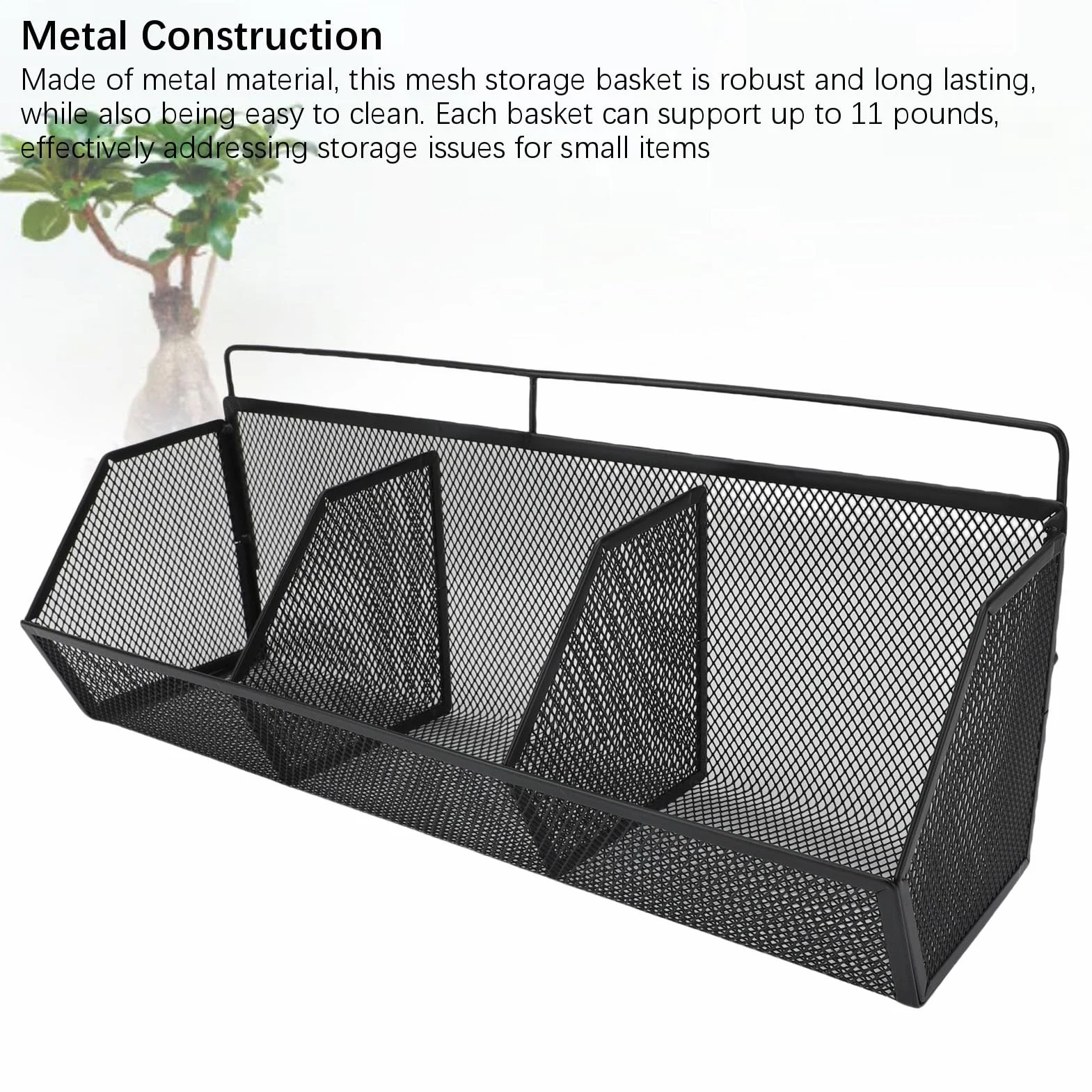 Fockety Kosz ścienny z haczykami samoprzylepnymi, 3 kratki, metalowy druciany organizer kuchenny (BLACK)