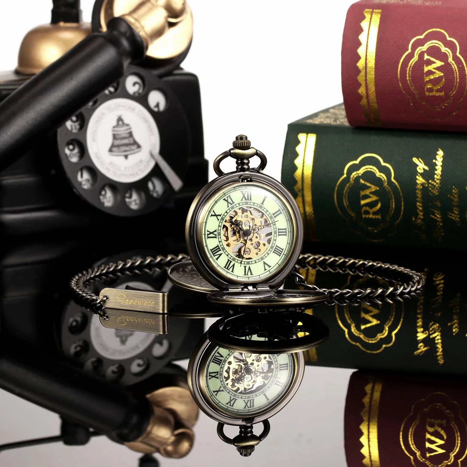 TREEWETO Zegarek kieszonkowy, uniseks, mechaniczny, podwójna pokrywa, Fullmetal, alchemist, świecący szkielet, steampunk, dla mężczyzn i kobiet, z łańcuszkiem - brąz
