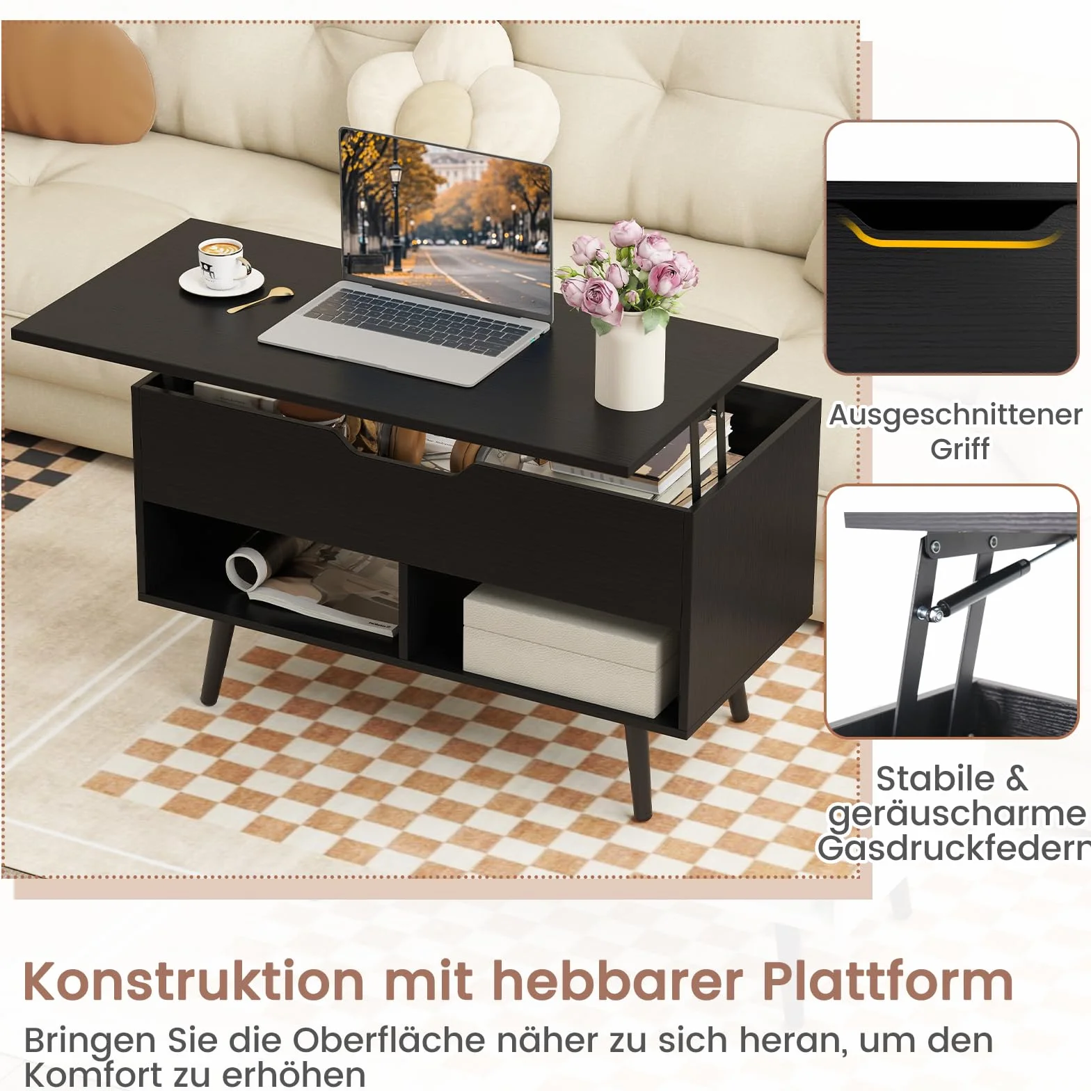 COSTWAY Stolik kawowy z regulacją wysokości, podnoszonym blatem i 2 półkami, 80 x 40 x 46-60 cm, czarny