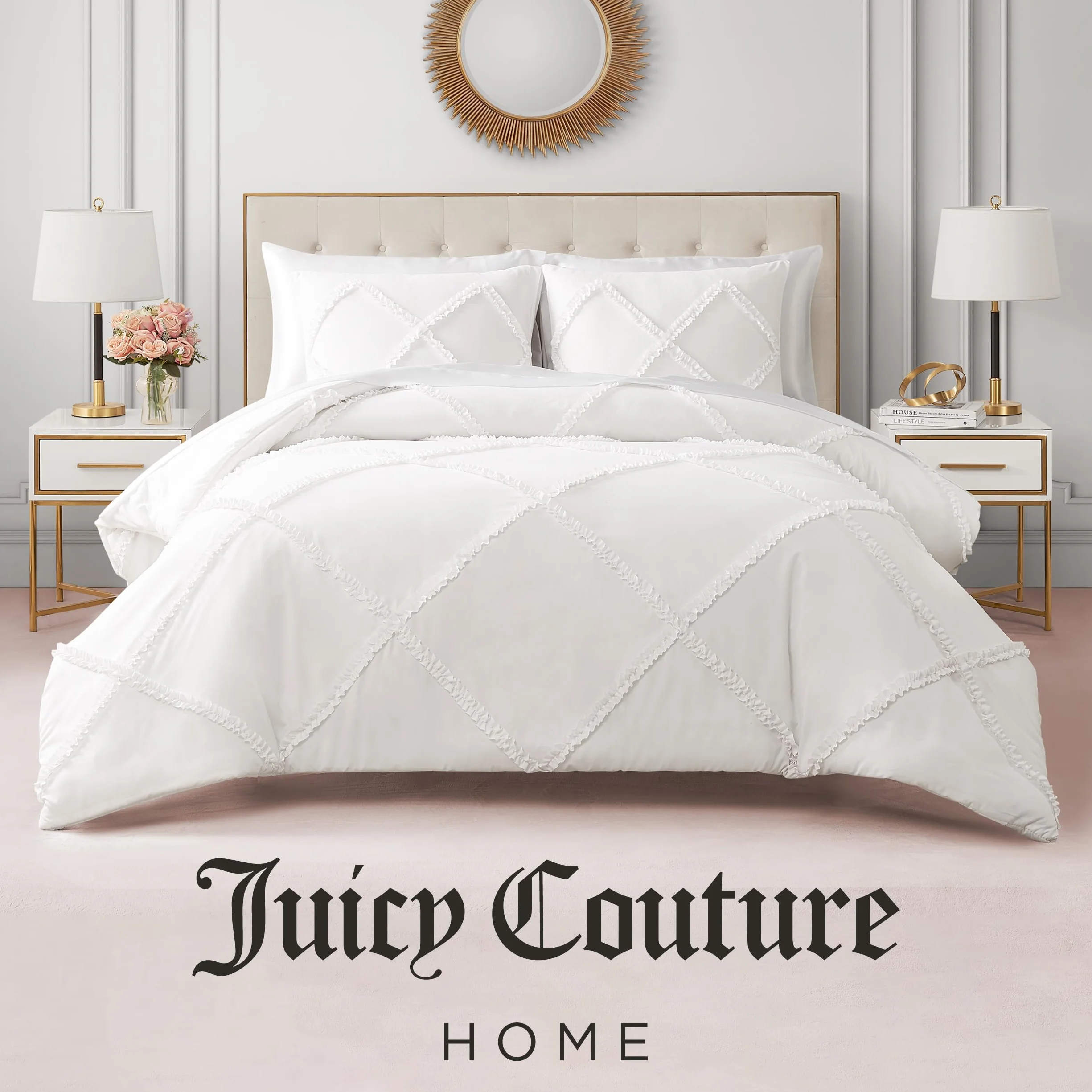 Juicy Couture Diamond Queen zestaw pościeli, 3-częściowy zestaw pościeli z falbanką, można prać w pralce, biały