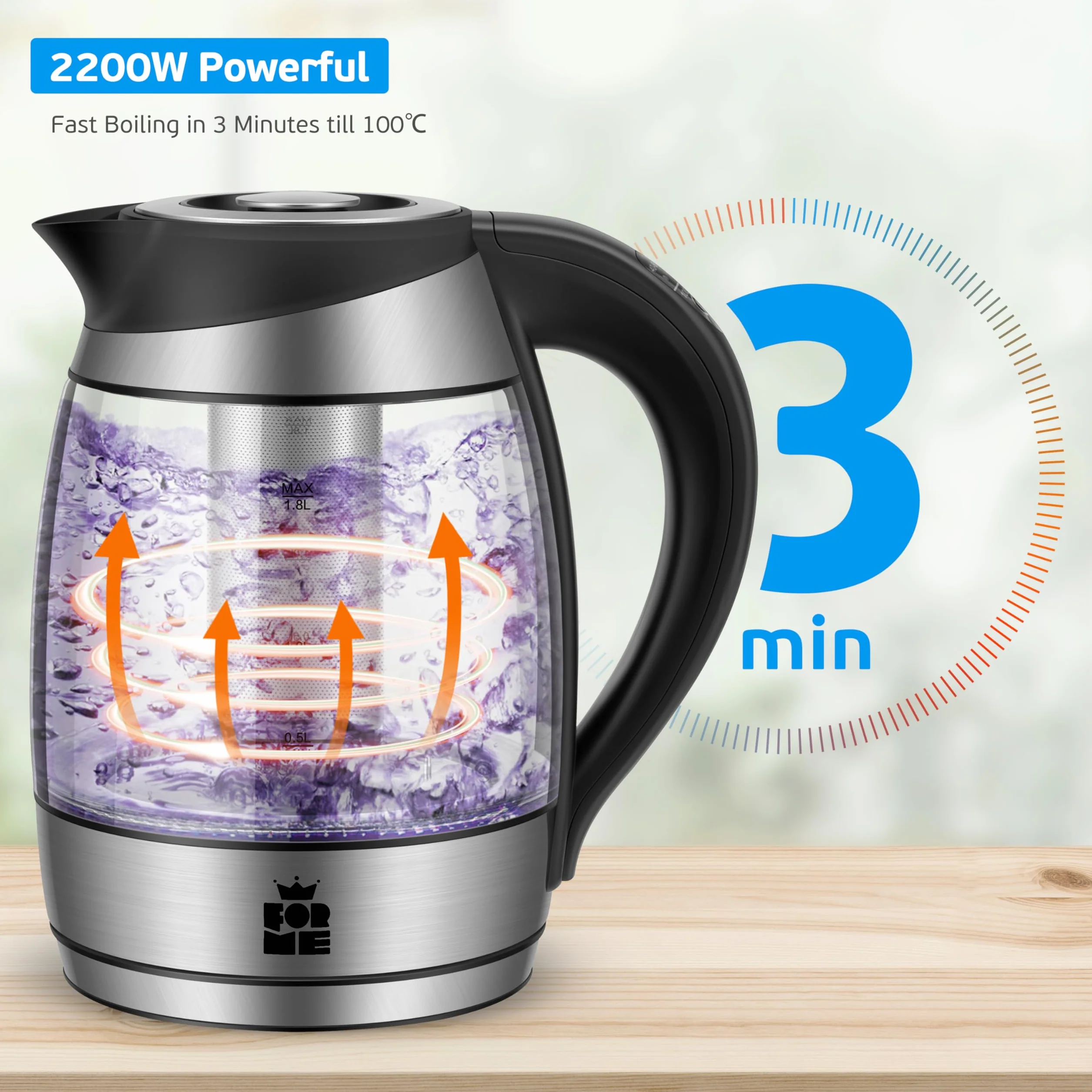 ForMe Szklany Czajnik Elektryczny 1,8L z Sitko do Herbaty Regulowana Temperatura 40-100°C 7 Kolorów LED Stal Nierdzewna Utrzymywanie Ciepła BPA Free