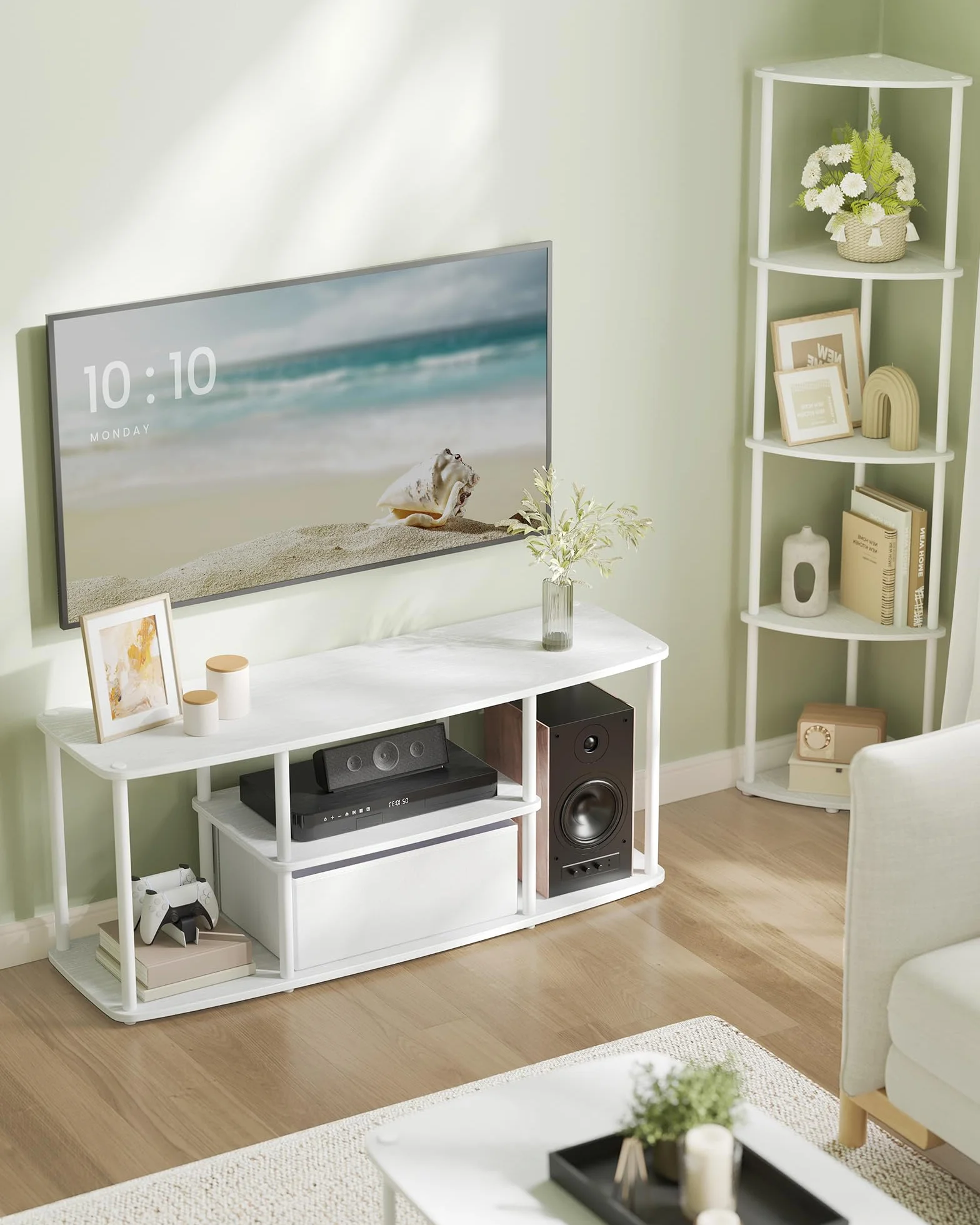 SONGMICS HOME Superszybki montaż bez użycia narzędzi, szafka pod telewizor do 50 cali, stolik RTV, niski kredens, salon, 110 x 35 x 46 cm, półka, śnieżnobiały – matowy biały LTV500W01