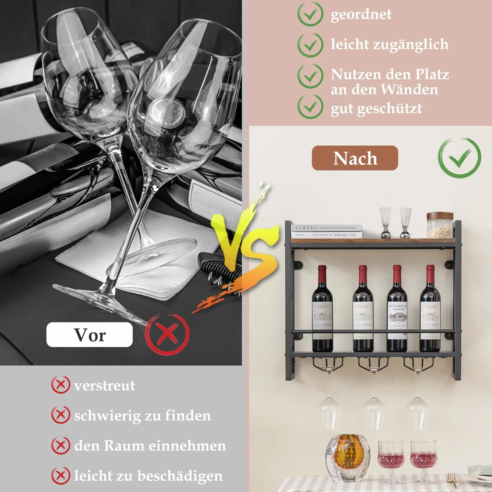 COSTWAY Regał ścienny na wino 2 poziomy metalowa rama 3 rzędy uchwytów na kieliszki industrialny