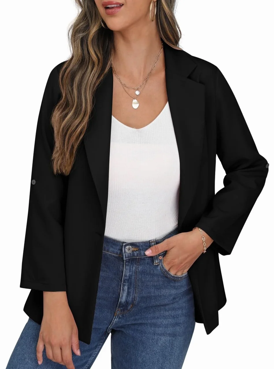 PrinStory Marynarka dla kobiet z regulowanym rękawem damska marynarka z kieszeniami kołnierz klapa otwarty przód guziki kardigan kurtka