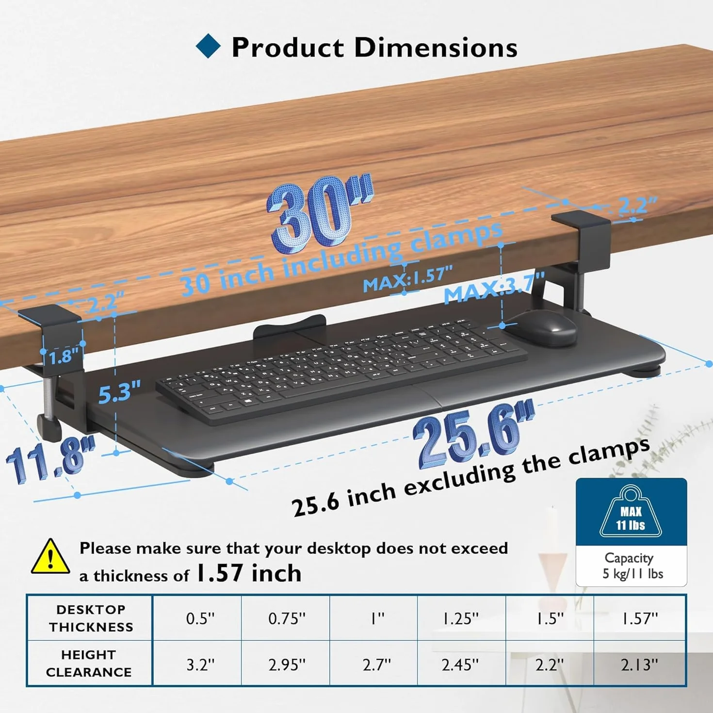 BONTEC Taca na Klawiaturę Pod Biurko, Wysuwana Szuflada na Klawiaturę z Solidnym Zaciskiem C, 650 x 300 mm, Ergonomiczne Rozwiązanie do Domu i Biura
