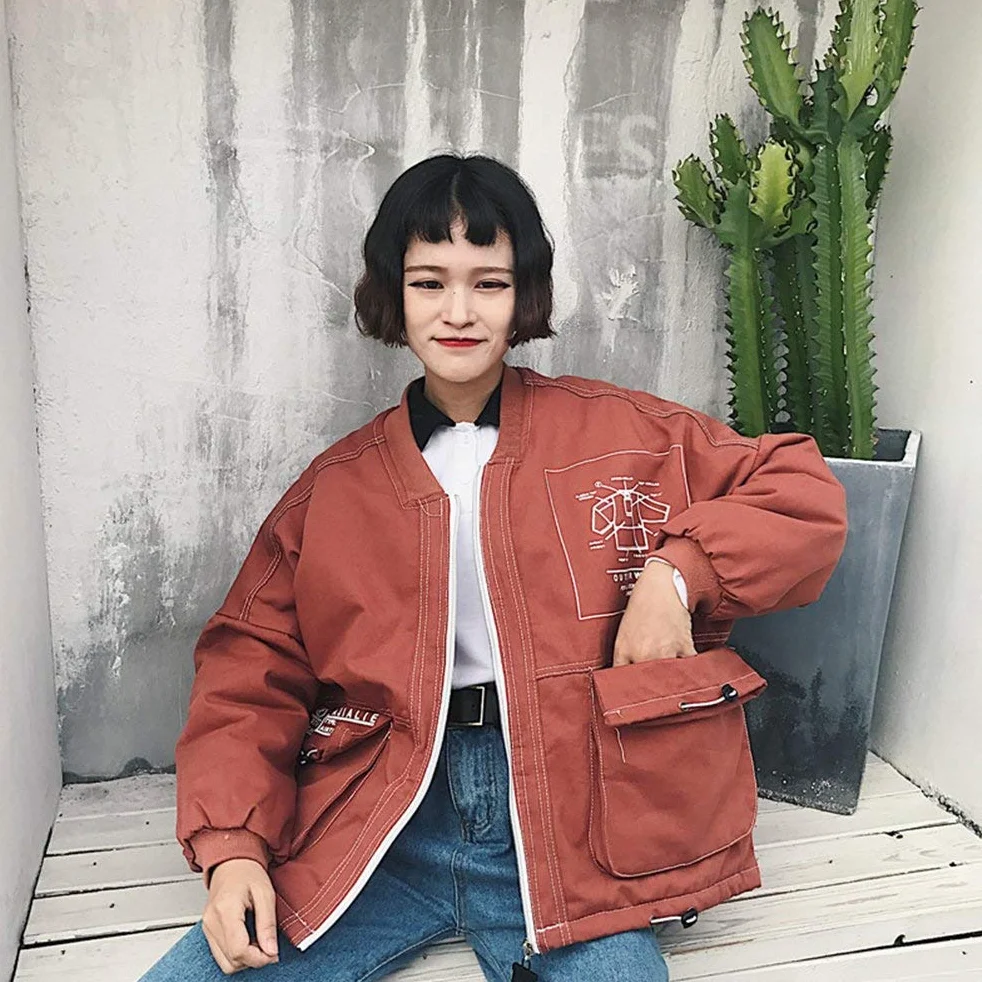 Kurtka damska jesień zima elegancki luźny płaszcz na zewnątrz z długim rękawem zamek błyskawiczny retro na co dzień moda vintage chłopak styl kurtka płaszcz odzież wierzchnia, Czerwony, L