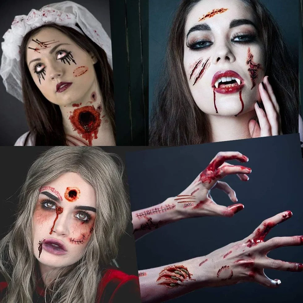 Sporgo Tatuaże na Halloween: 24 arkusze tymczasowych tatuaży, zombie, blizny, naklejki, rany, krew, zadrapania, do kostiumu, makijażu, imprezy, rekwizyty