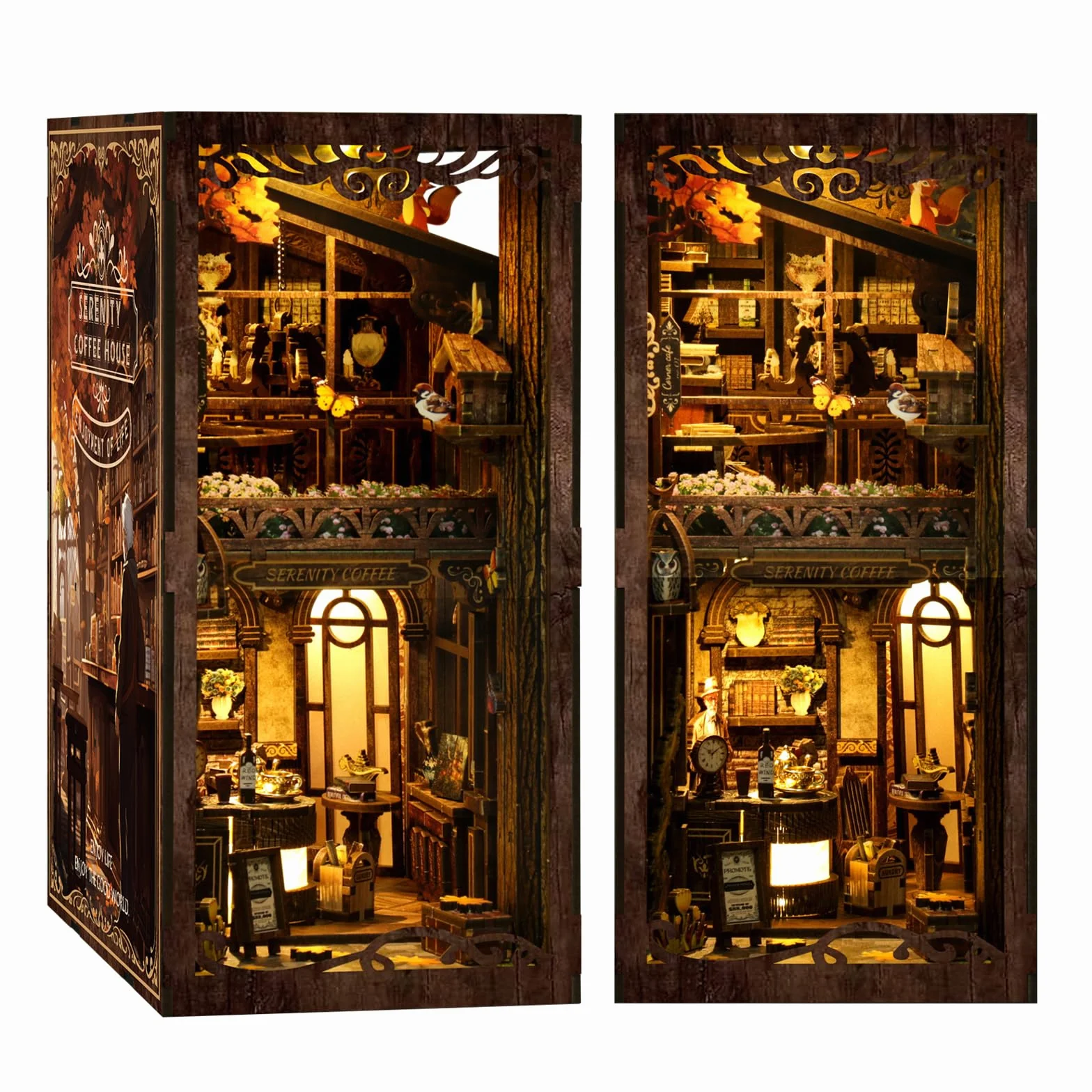 GuKKK Zestaw Book Nook DIY drewniane puzzle 3D z oświetleniem LED dekoracja półki na książki miniaturowy dom