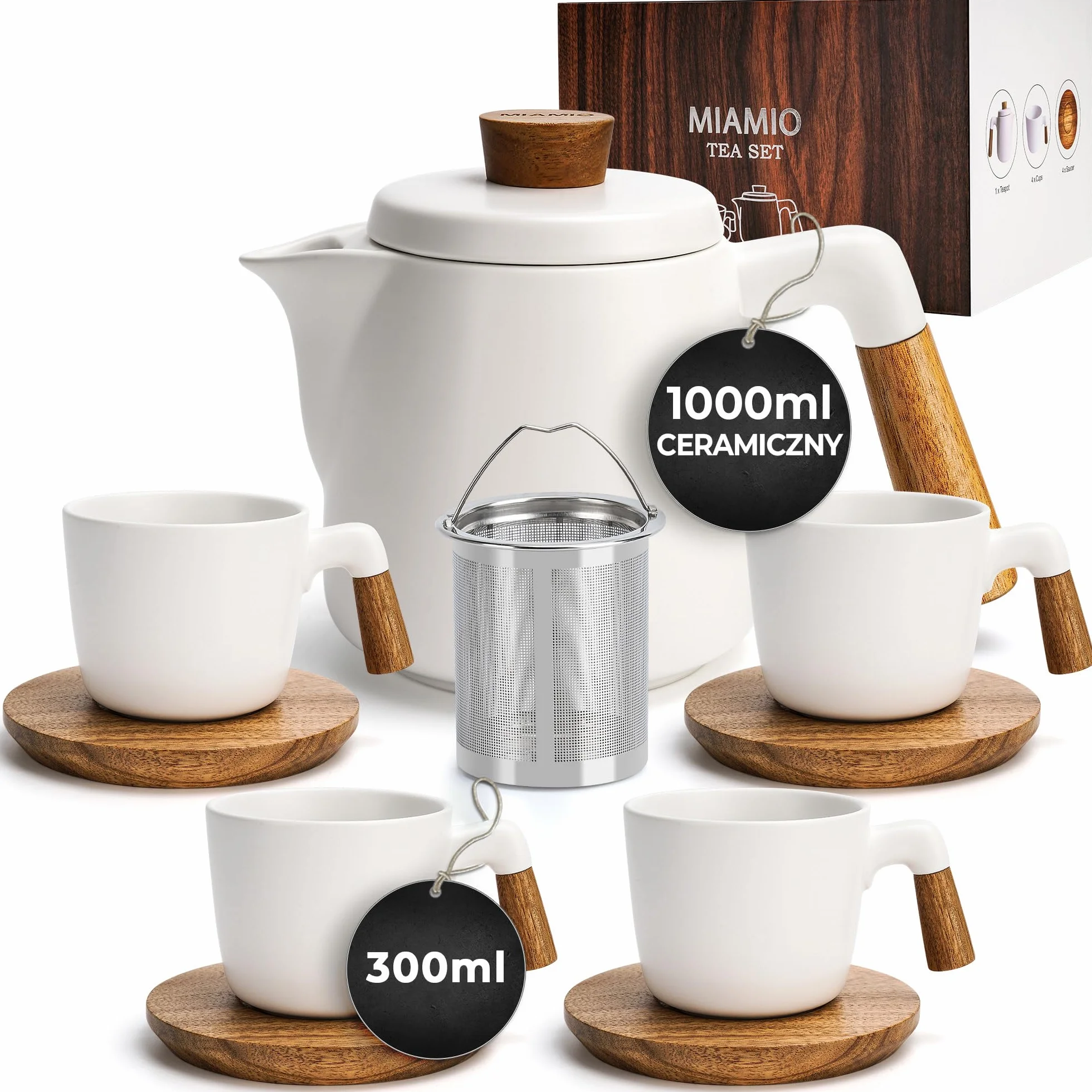 Miamio Zestaw ceramicznych dzbanków do herbaty 1000 ml z zaparzaczem i filiżankami