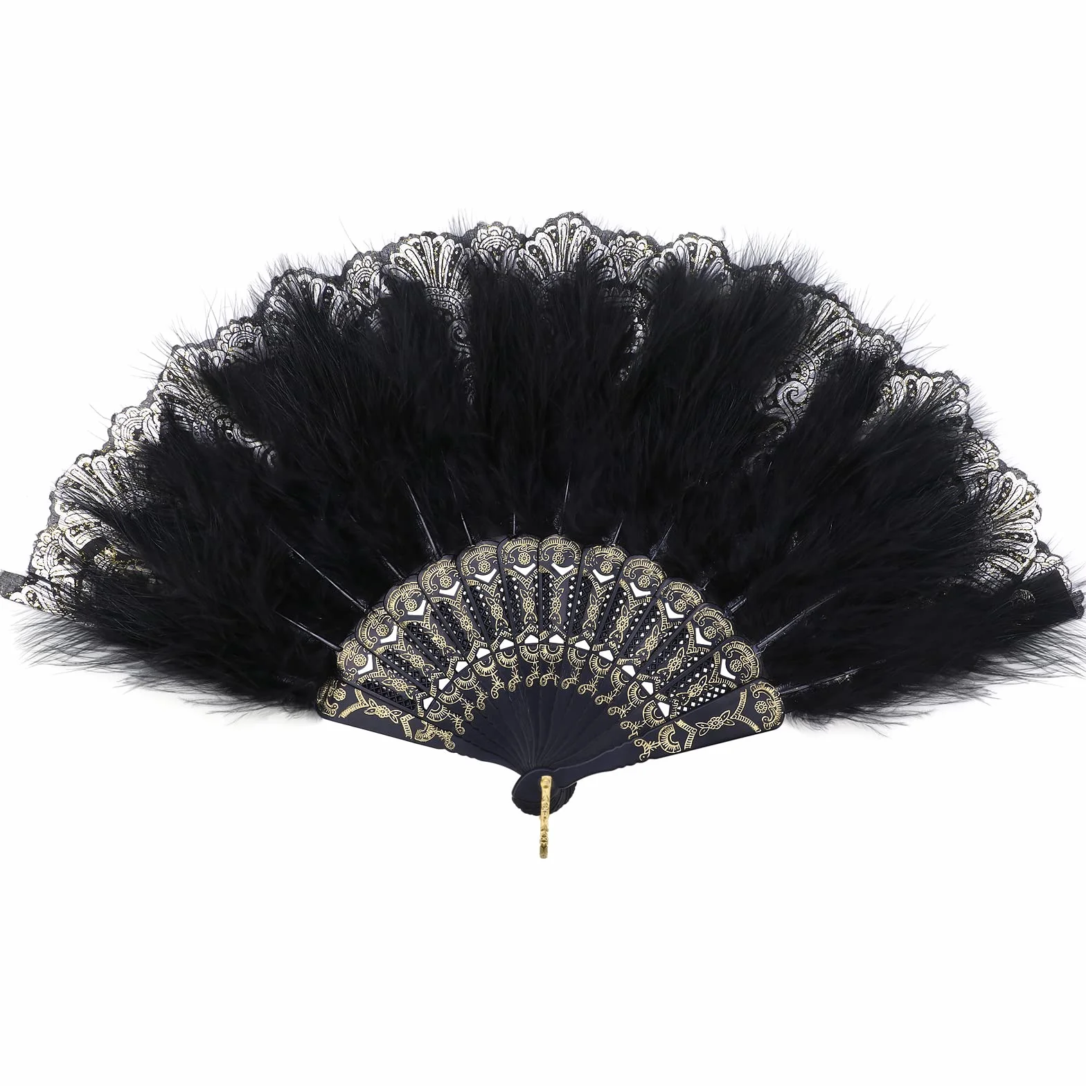 Mwoot Embroidered Flower Marabou Fan, lata 20-te Vintage Styl Folding Handheld Feather Fan, Fan Flapper Ręka do kostiumu Halloween Taniec Ślubna Impreza Prom Tea Party - Czarny