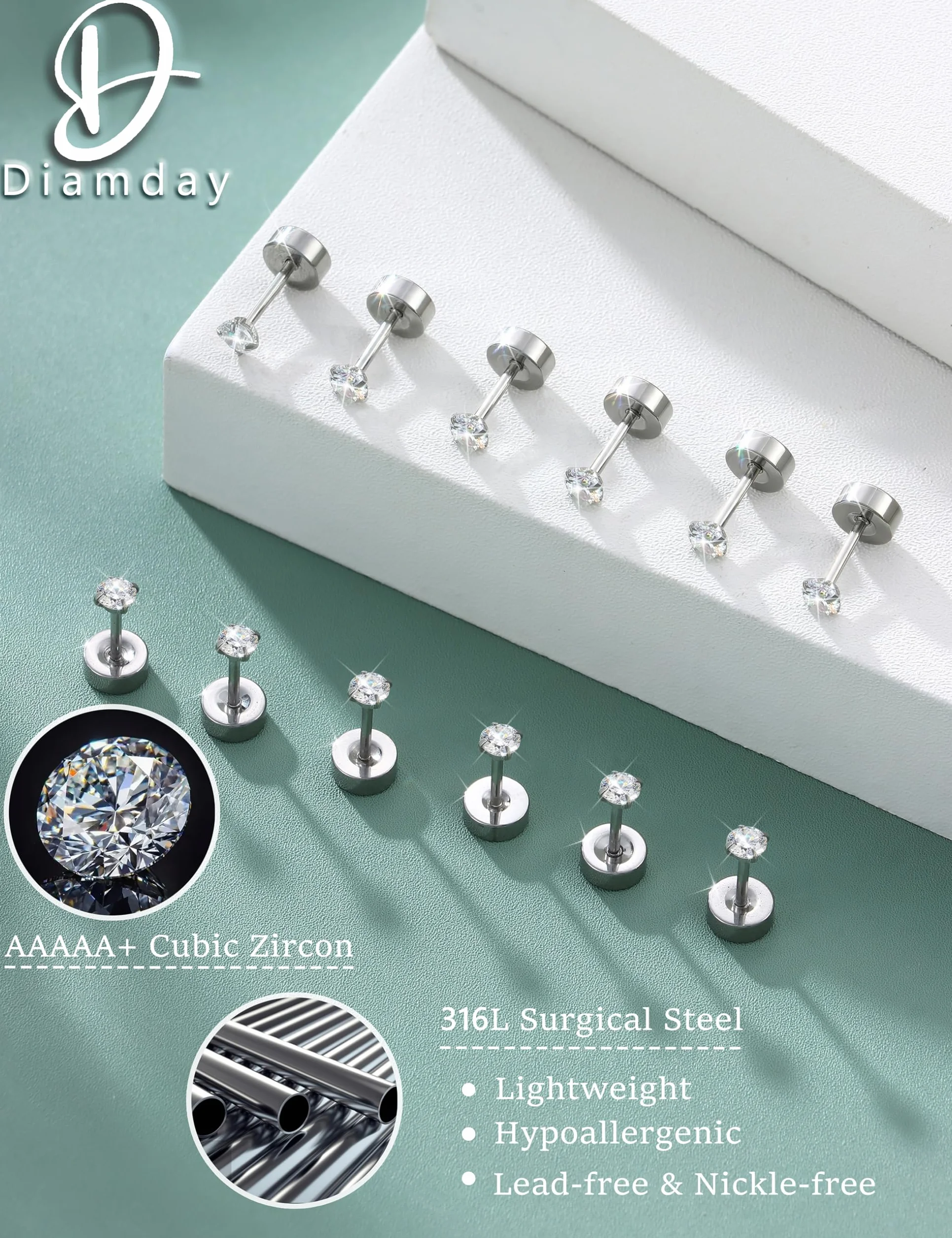 Diamday kolczyki do chrząstki zestaw 6 par 20 g 316L stal chirurgiczna płaski tył 2-5 mm tragus helix piercing hipoalergiczna
