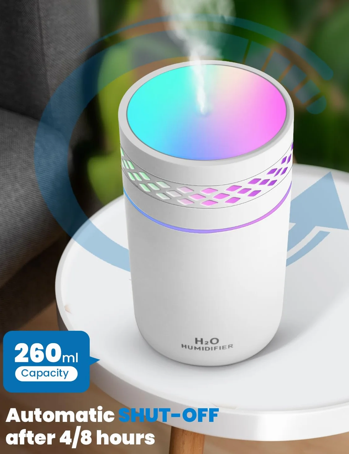 Mini nawilżacz powietrza 260 ml ultradźwiękowy cichy z nocnym światłem i automatycznym wyłączaniem biały