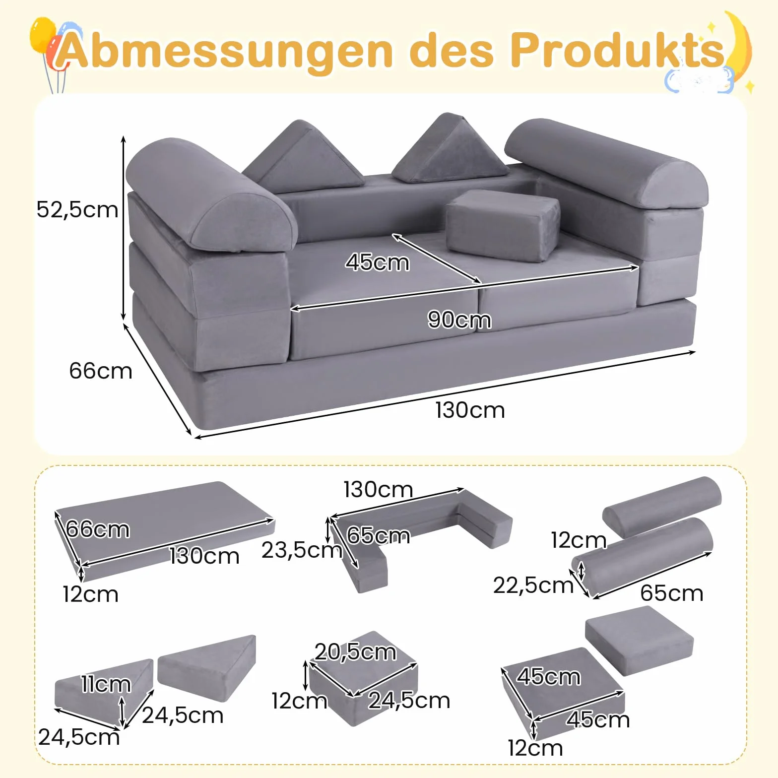 COSTWAY Modułowa sofa dziecięca 9-częściowa z pianki zamszowa szara