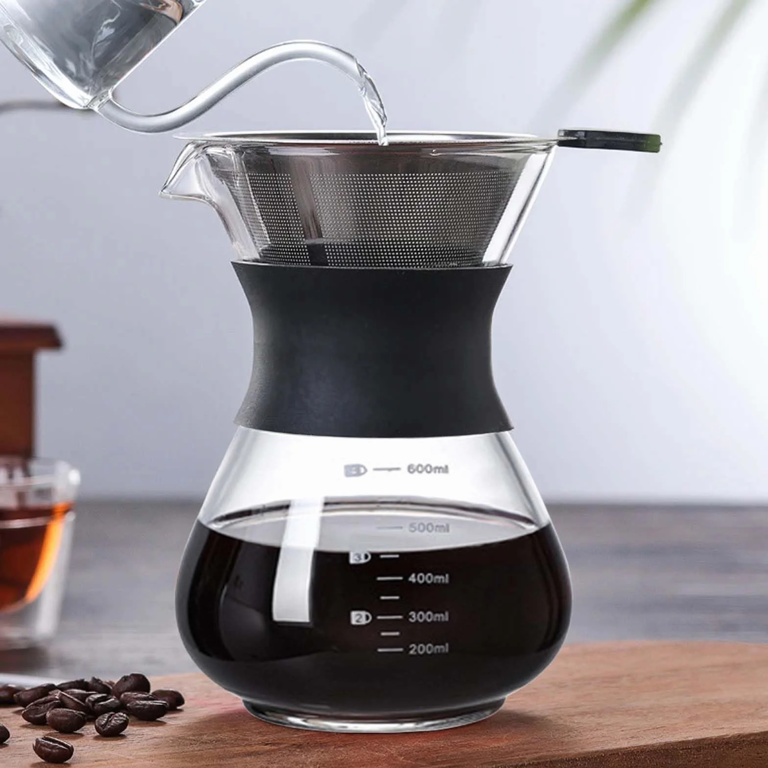 Pour Over zaparzacz do kawy 600 ml stal nierdzewna filtr ręczny szkło czarny