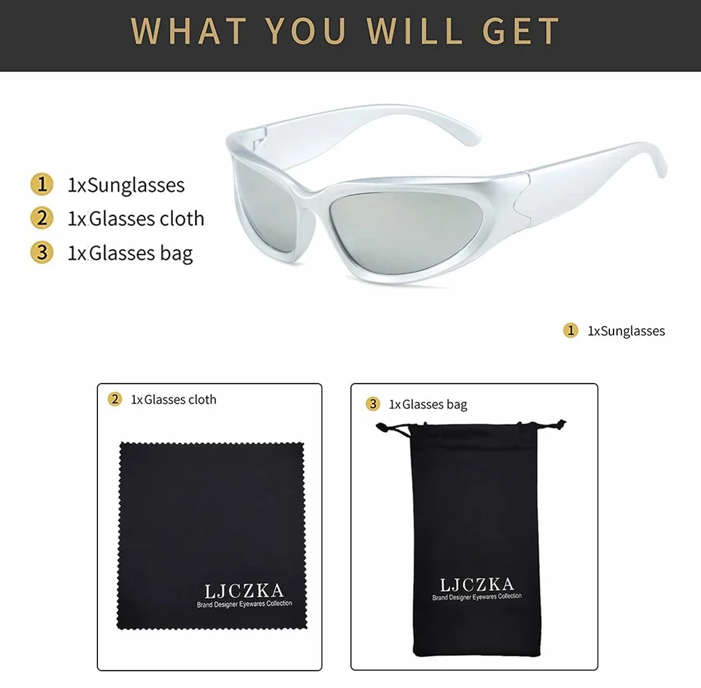LJCZKA Owijane okulary przeciwsłoneczne y2k Mężczyźni Kobiety - Futurystyczne owalne okulary rowerowe okulary rowerowe Sport Ochrona UV