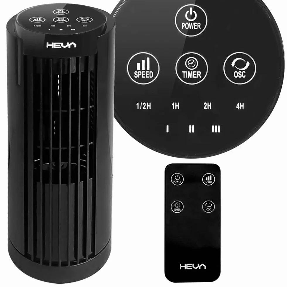 HEVA PIX Wentylator Kolumnowy 33 cm, Pilot, Timer 7,5 h, Oscylacja 70°, 3 Prędkości, Wyświetlacz LED, Kompaktowy Wentylator Biurkowy do Domu i Biura, Czarny