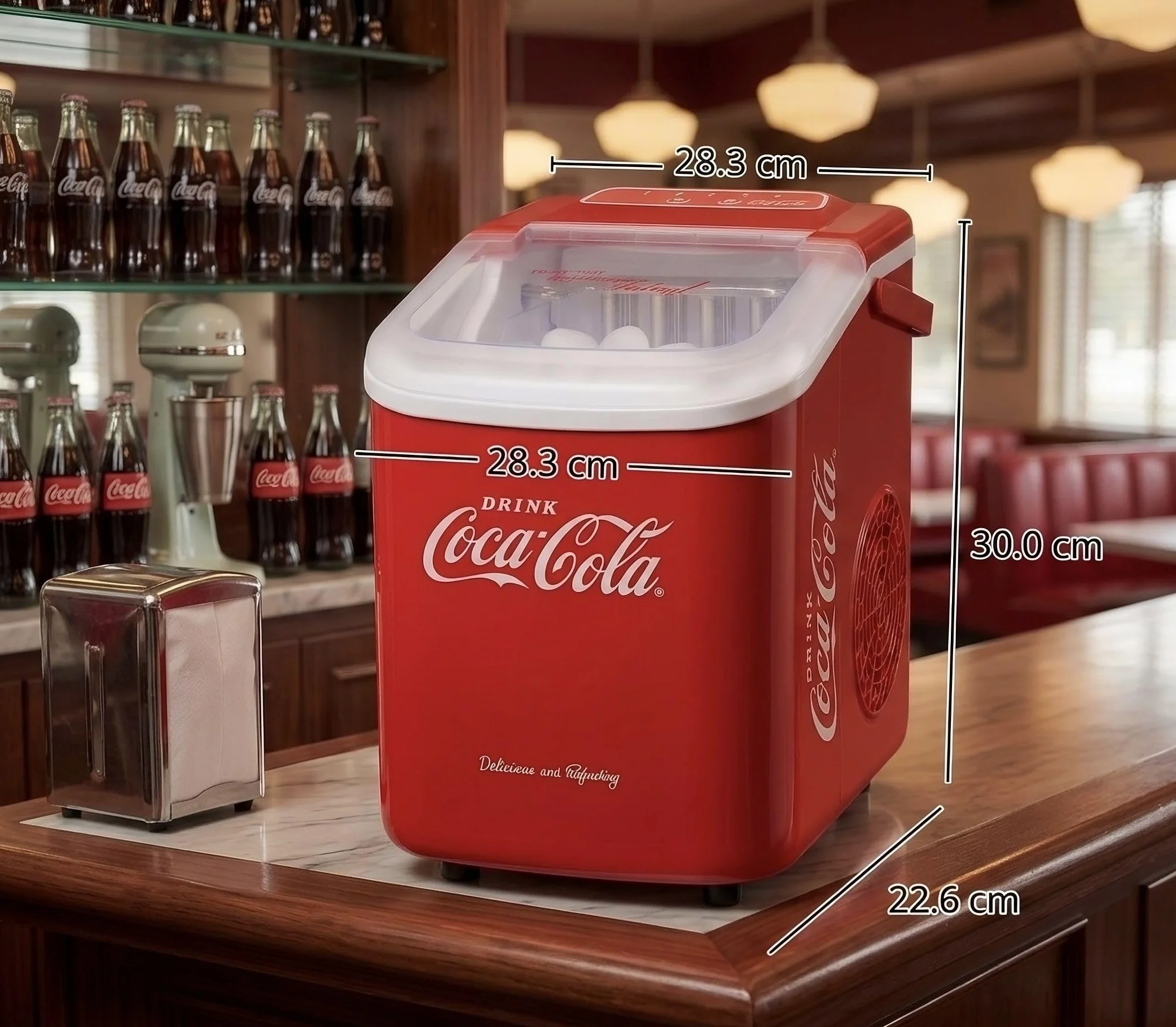 Salco Coca Cola Kostkarka do lodu 10 kg/24h 2 rozmiary kostek automatyczna funkcja ostrzegawcza retro czerwień