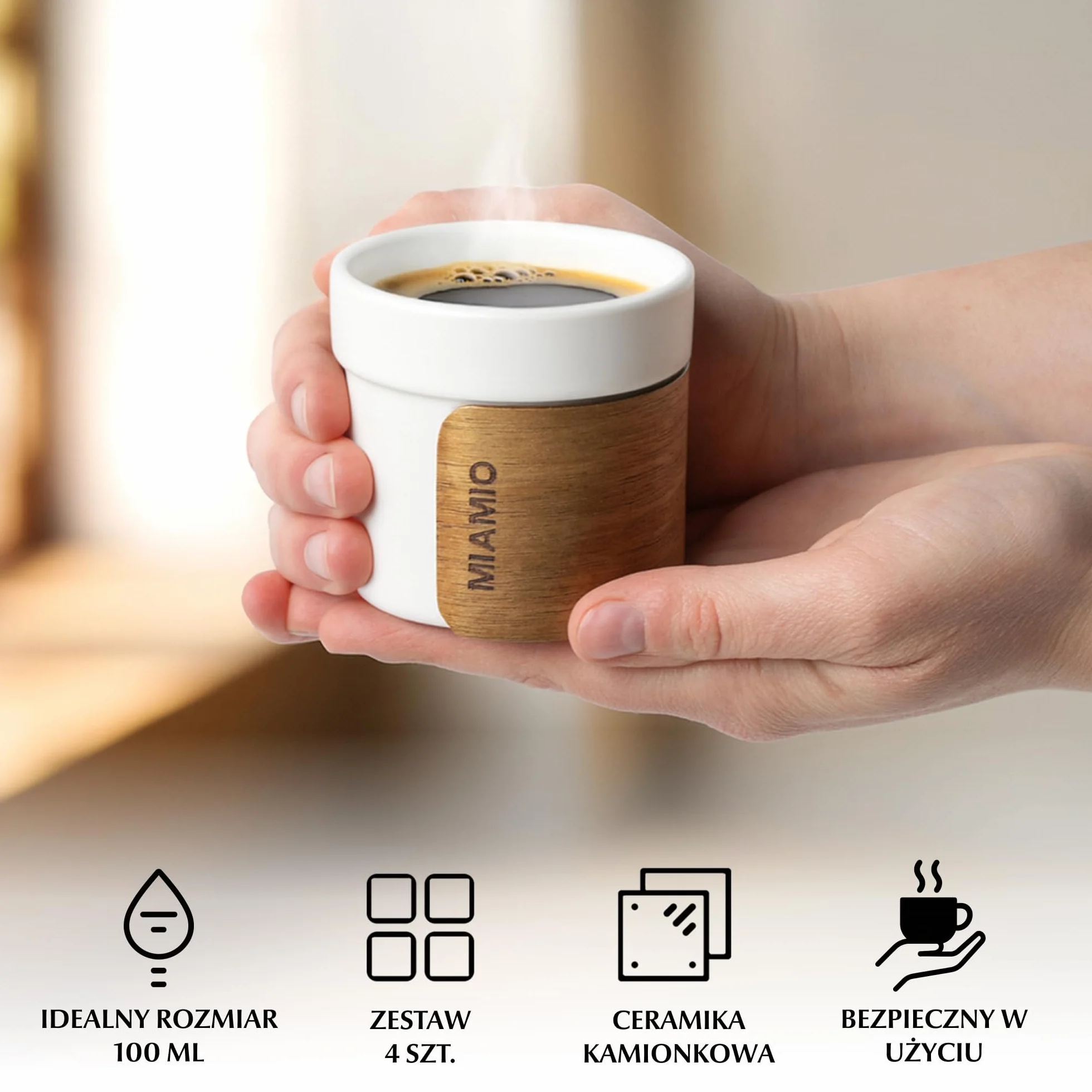 MIAMIO – Zestaw filiżanek do espresso 4 szt. (100 ml) Filiżanki do herbaty w stylu japońskim z ceramiki/Filiżanki bez uchwytu z demontowanym drewnianym mankietem (Biały)