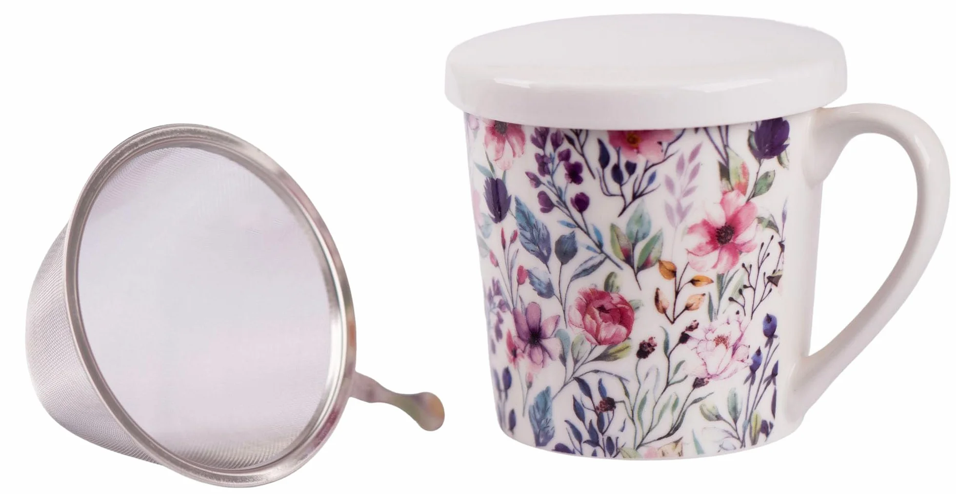 OMAGO Kubek porcelanowy z zaparzaczem do herbaty i przykrywką motyw kwiatów