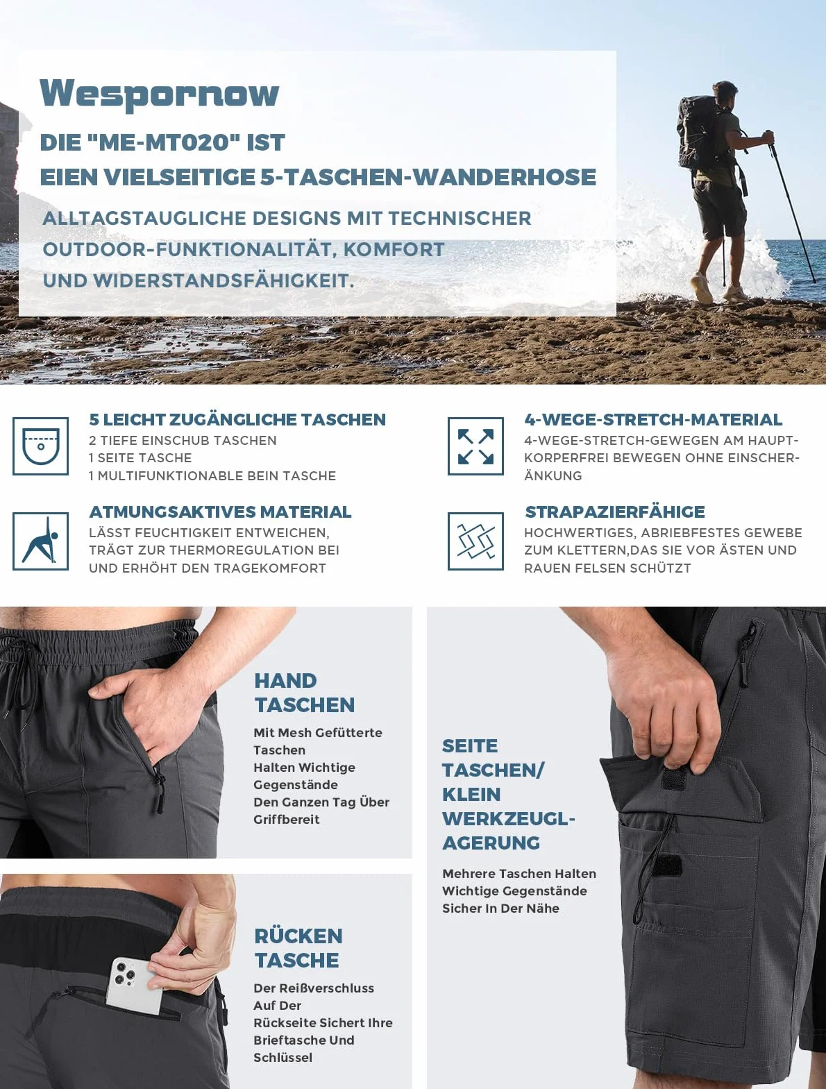 Wespornow Męskie bermudy z 5 kieszeniami, sportowe, szybkoschnące krótkie spodnie sportowe na świeżym powietrzu, funkcjonalne, do pracy, wędrówek, trekkingu