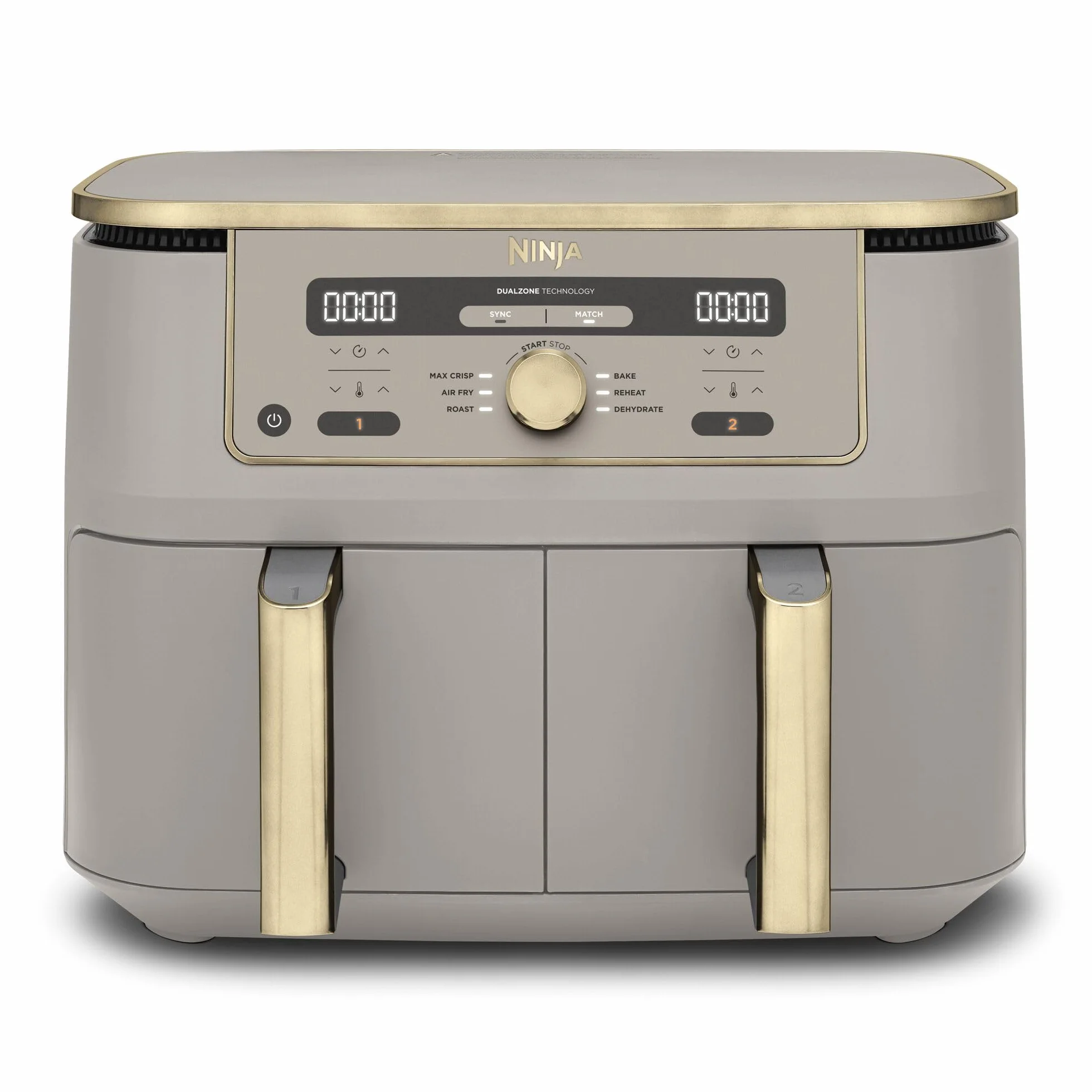 Ninja MAX Dwustrefowa frytkownica, 2 szuflady, 9,5 l, zero oleju, Air Fry, Max Crisp, Roast, Bake, Reheat, Dehydrate, nieprzywierające kosze do mycia w zmywarce, Złoty odcień kamienia, DZ400EUSTGD