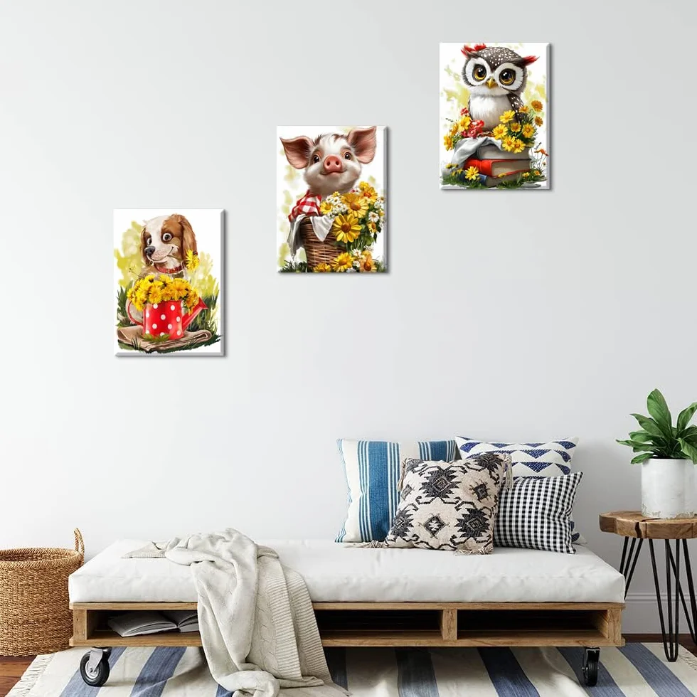 Piy Painting Sztuka ścienna na płótnie, świnka, uroczy pies z kwiatami, obrazy plakat i wydruki, dekoracje ścienne na płótnie do salonu łazienki, 30 x 40 cm, 3 sztuki, wbudowana drewniana rama