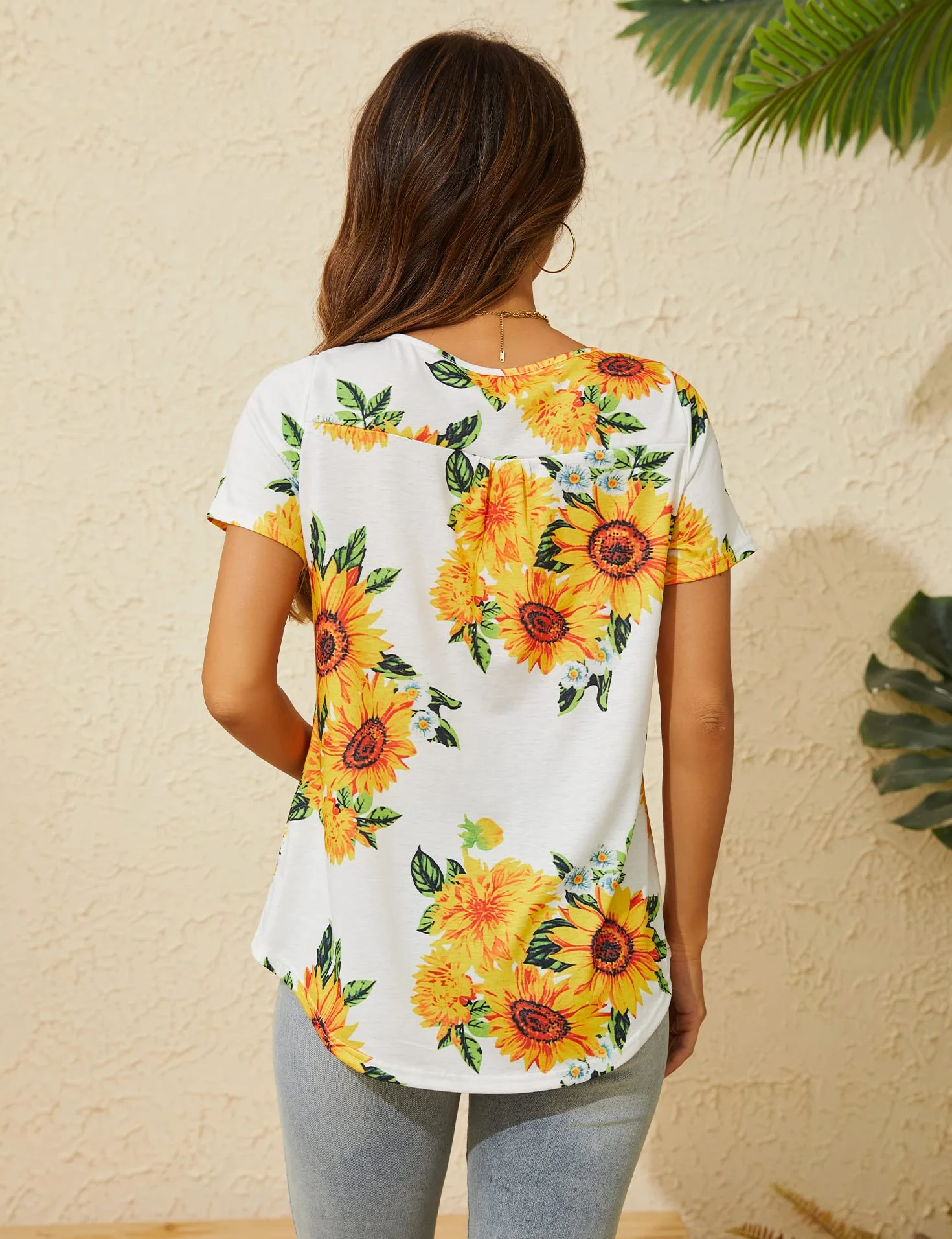 ANGGREK Kwiatowa tunika, damska letnia bluzka z krótkim rękawem, luźna, okrągły dekolt, plisowana listwa guzikowa, Henley Top, elegancka koszula, S-2XL