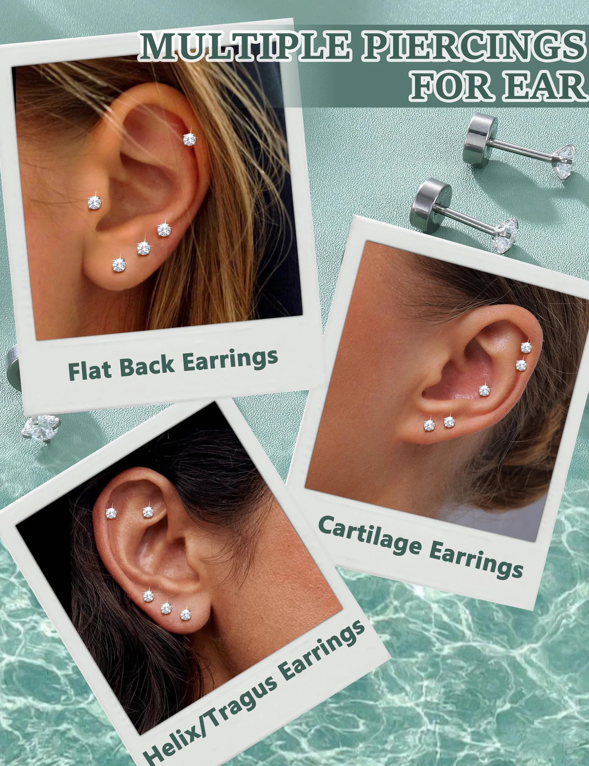 Diamday kolczyki do chrząstki zestaw 6 par 20 g 316L stal chirurgiczna płaski tył 2-5 mm tragus helix piercing hipoalergiczna