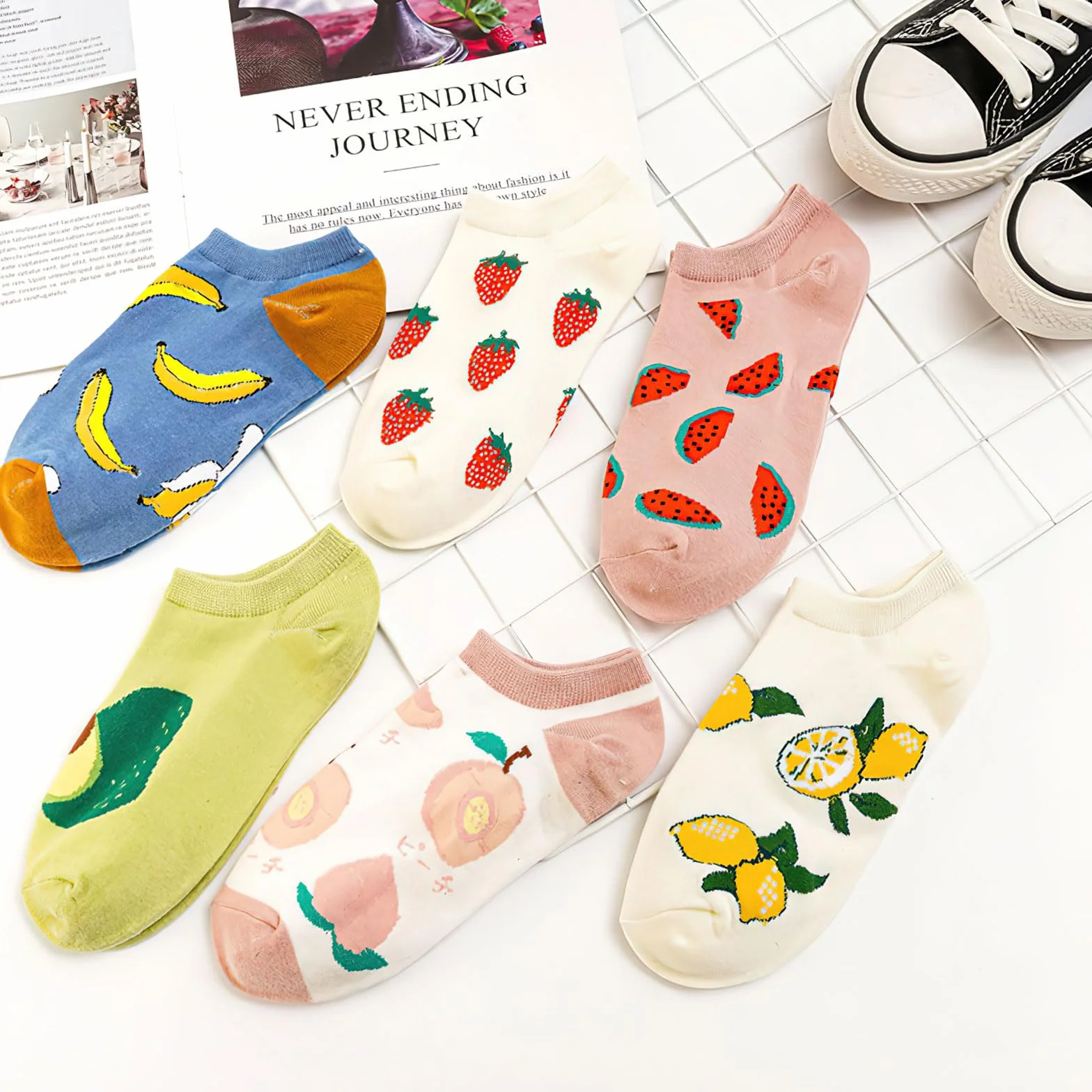 6 par damskich skarpet do sneakersów z modnymi motywami, z motywem owocowym, krótkie skarpety damskie, zabawne kolorowe skarpety, słodkie kolorowe bawełniane skarpety dla kobiet, skarpety sportowe