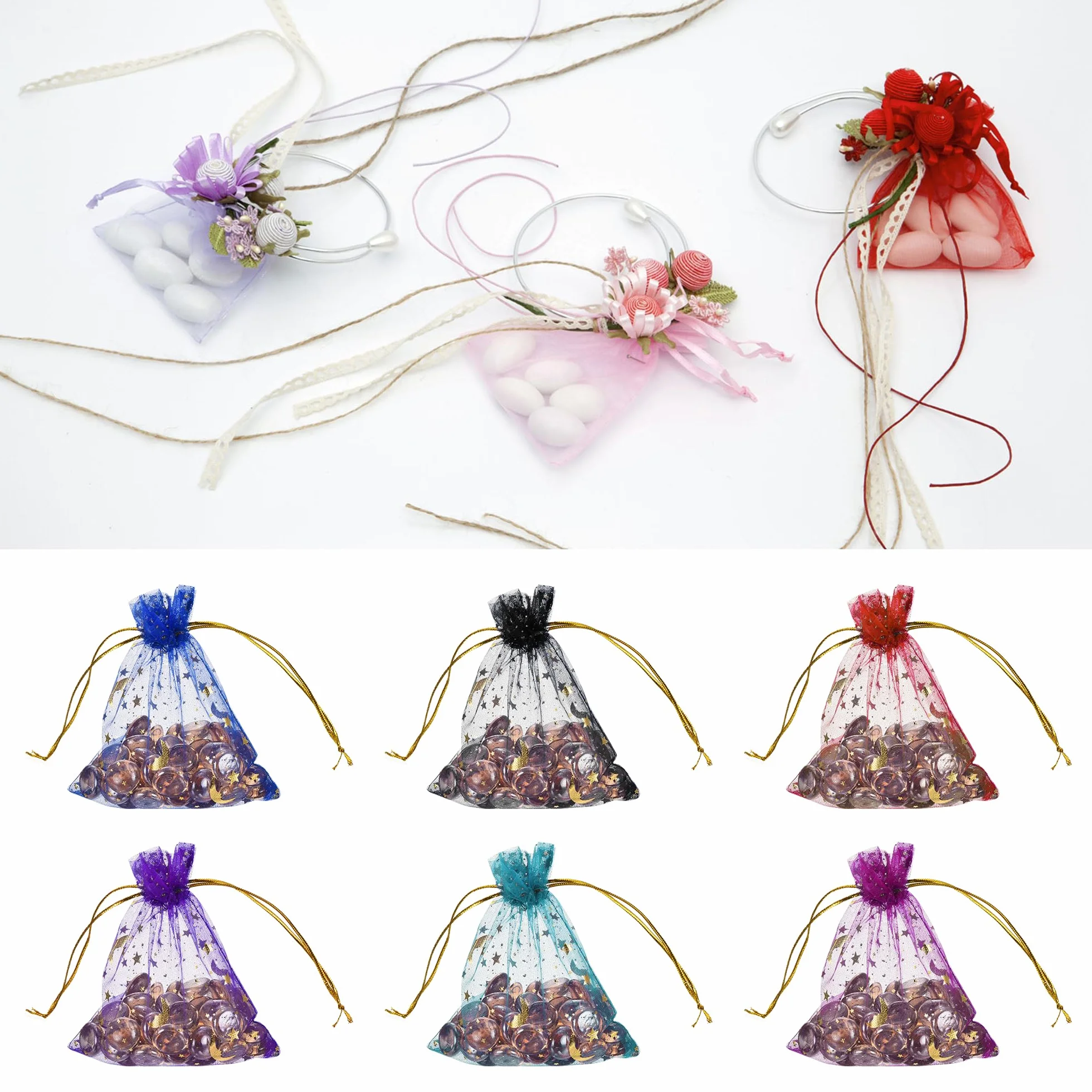 QUARKZMAN Woreczki z organzy, 50 sztuk, 10 x 15 cm, woreczki prezentowe, woreczek na biżuterię, wzór Moon-Star, woreczki siatkowe ze ściągaczem, woreczki z organzy na wesele, imprezę, słodycze, 10