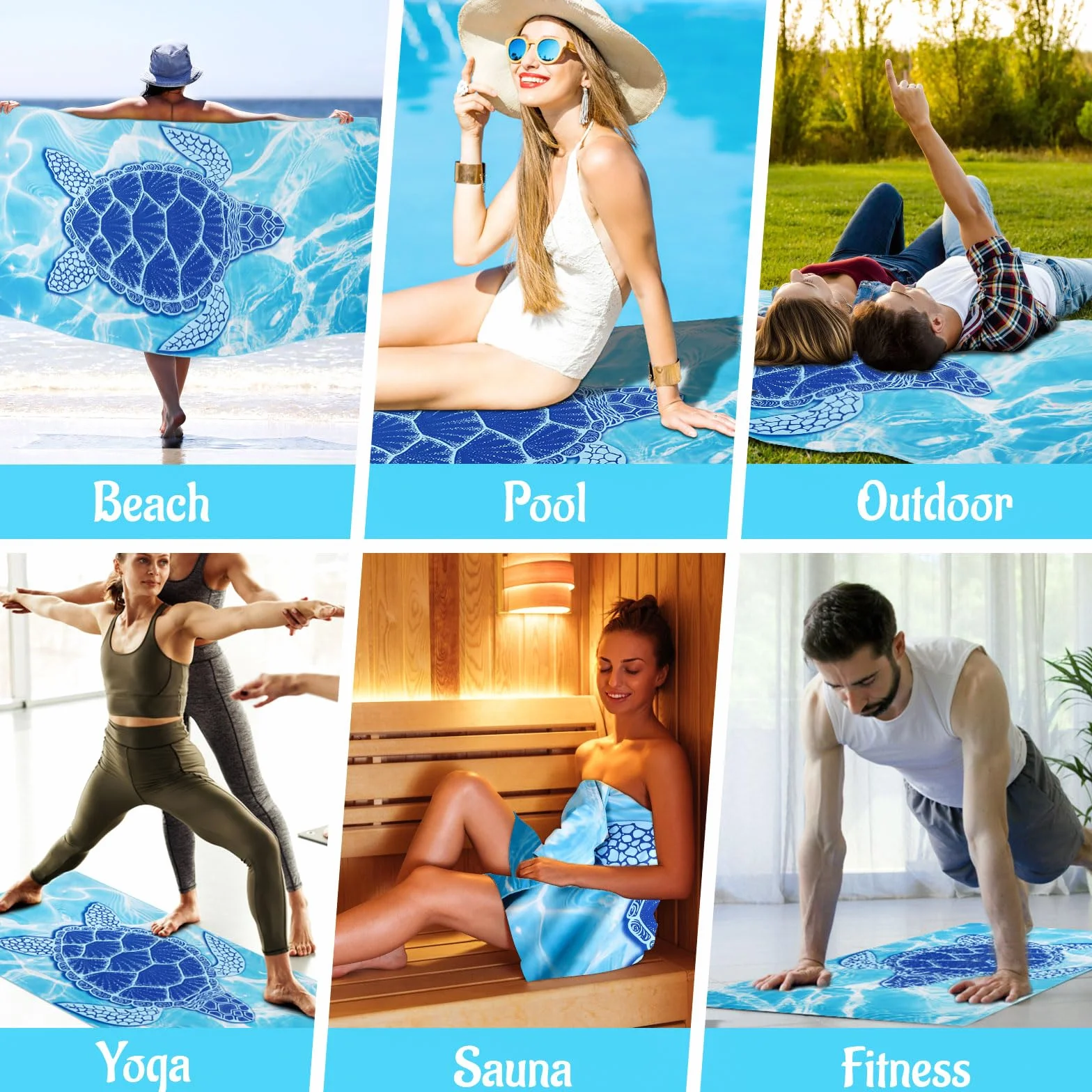 Ręcznik plażowy XXL, 90 x 180, duży ręcznik z mikrofibry, szybkoschnący, bez piasku, koc plażowy, damski (niebieski żółw)