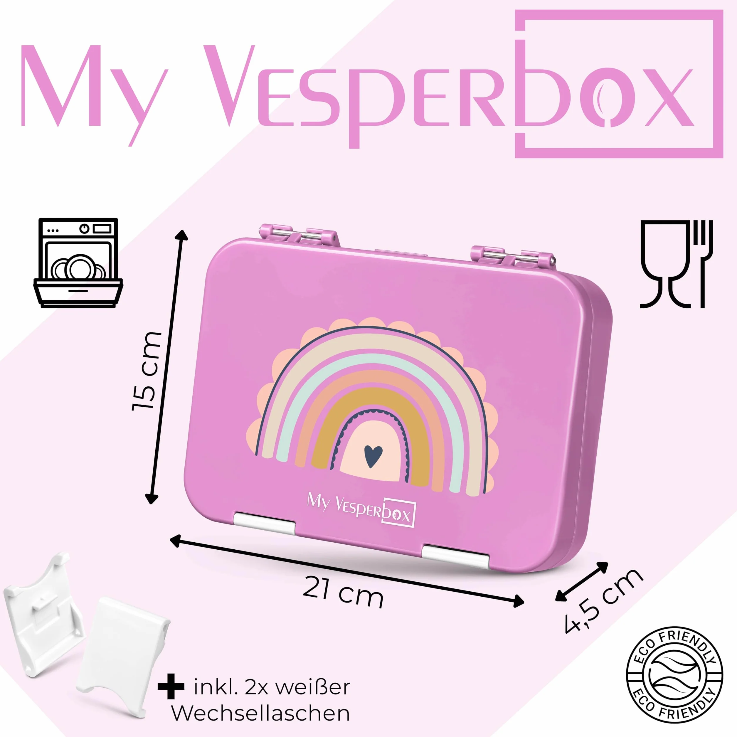 My Vesperbox Len Bento Box pudełko na lunch dla dzieci, 4 + 2 przegródki, bardzo wytrzymałe pudełko na kanapki, idealne do przedszkola i szkoły (różowy, tęcza)