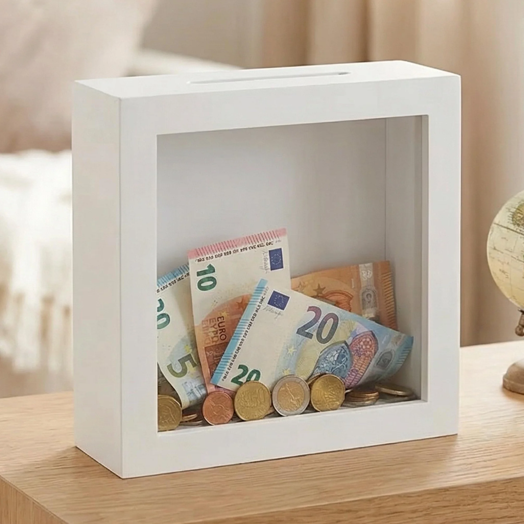 Drewniana skarbonka z szklanym frontem 15x15x5 cm dekoracyjna ramka oszczędnościowa