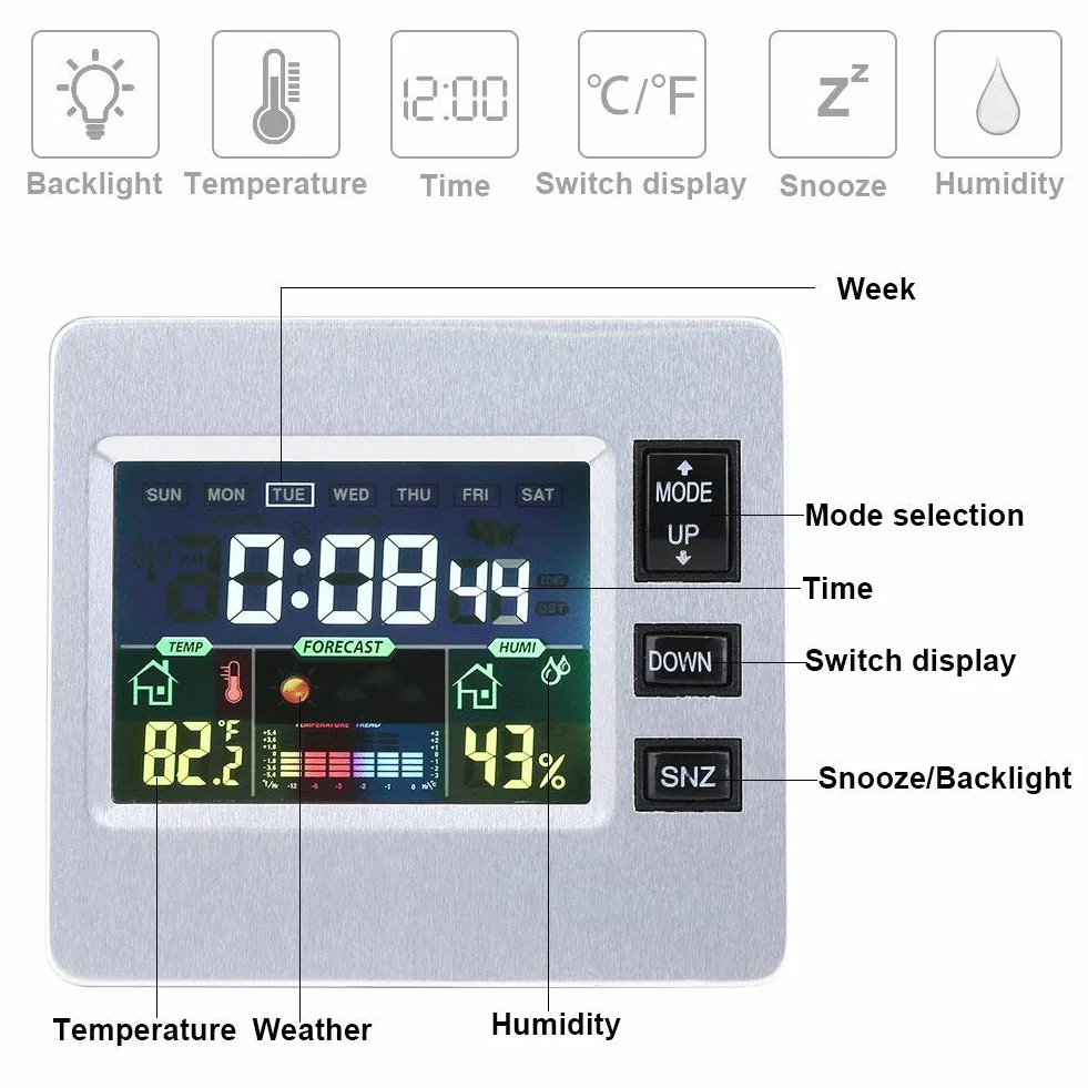 Yosoo LCD cyfrowy budzik prognoza pogody zegar wilgotność temperatura wyświetlacz termometr higrometr Monitor stacja pogodowa do biura domowego
