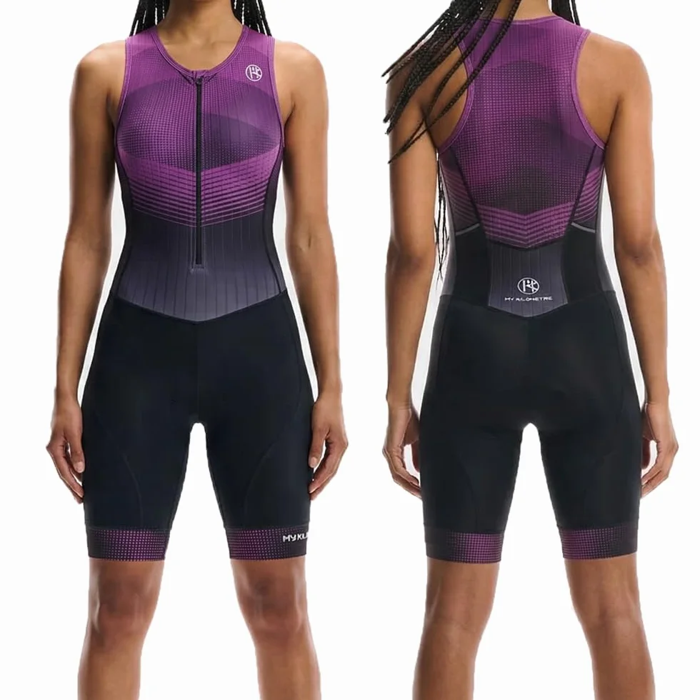 MY KILOMETRE Damskie Kombinezon Triathlonowy Krótkie Rękawy – Jednoczęściowy Trisuit Oddychający i Szybkoschnący z Tylną Kieszenią