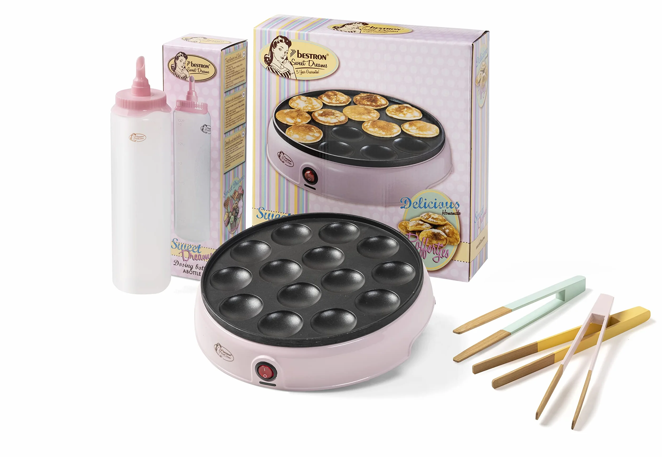 Bestron Poffertjesmaker 800 W różowy retro zestaw z butelką do ciasta