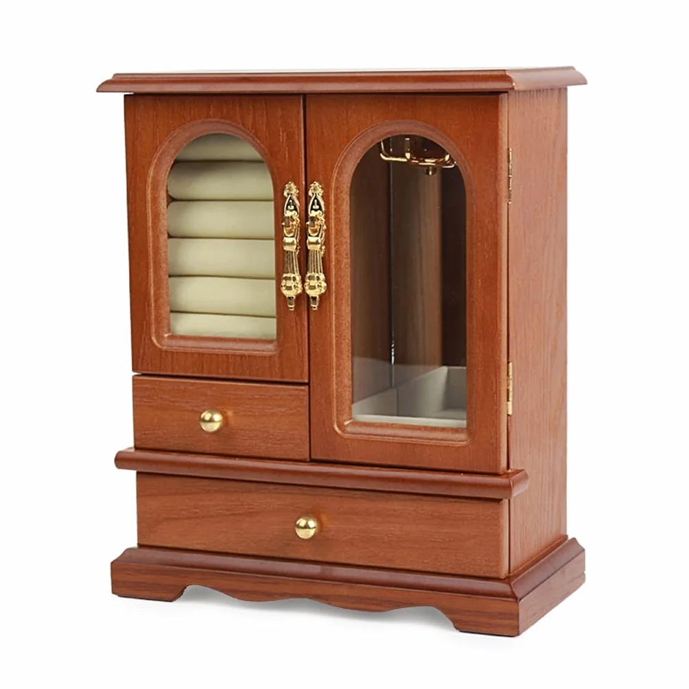 Pudełko na biżuterię Organizer na biżuterię Duży organizer na biżuterię z 2 szufladami, drewniana skrzynka do przechowywania biżuterii z naturalnego twardego drewna