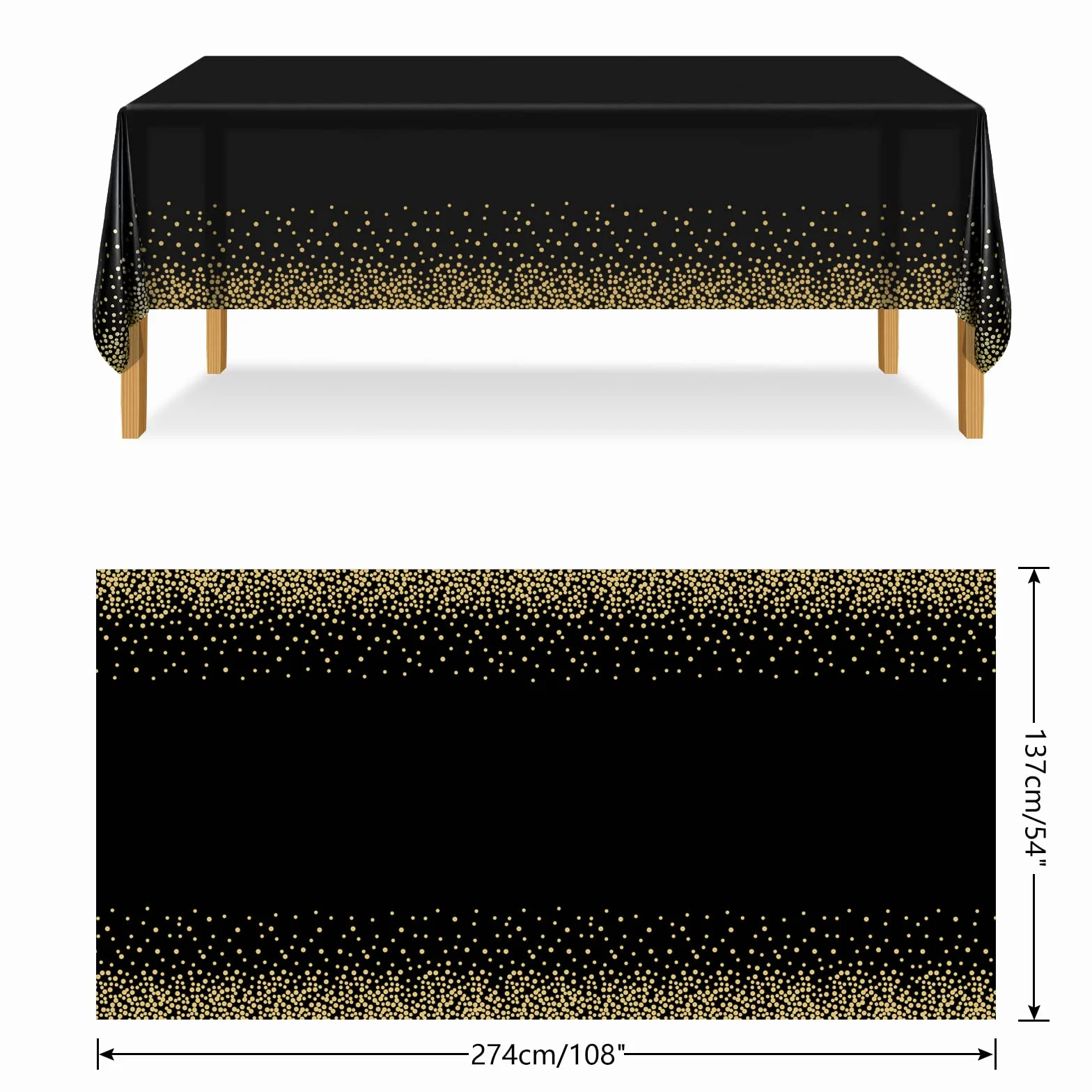ELECLAND plastikowy obrus imprezowy 137 x 274 cm czarny złoty kropki konfetti prostokątny