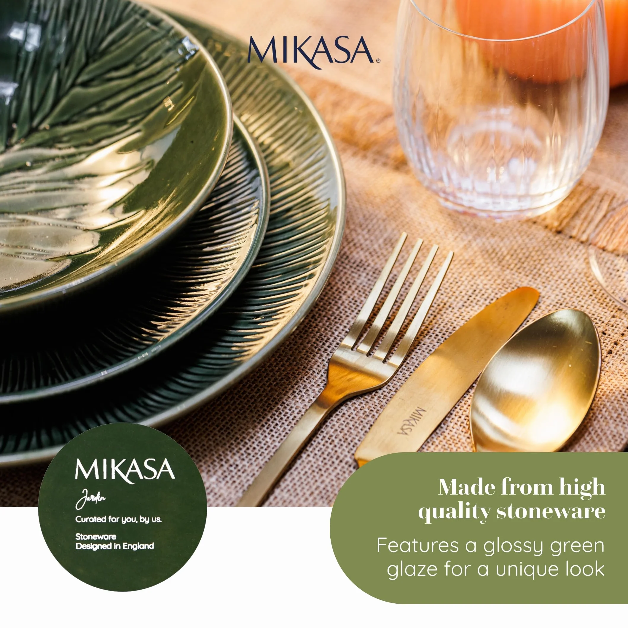 Mikasa Jardin Zestaw misek do makaronu 4 szt. kamionka 20 cm zielony wzór botaniczny
