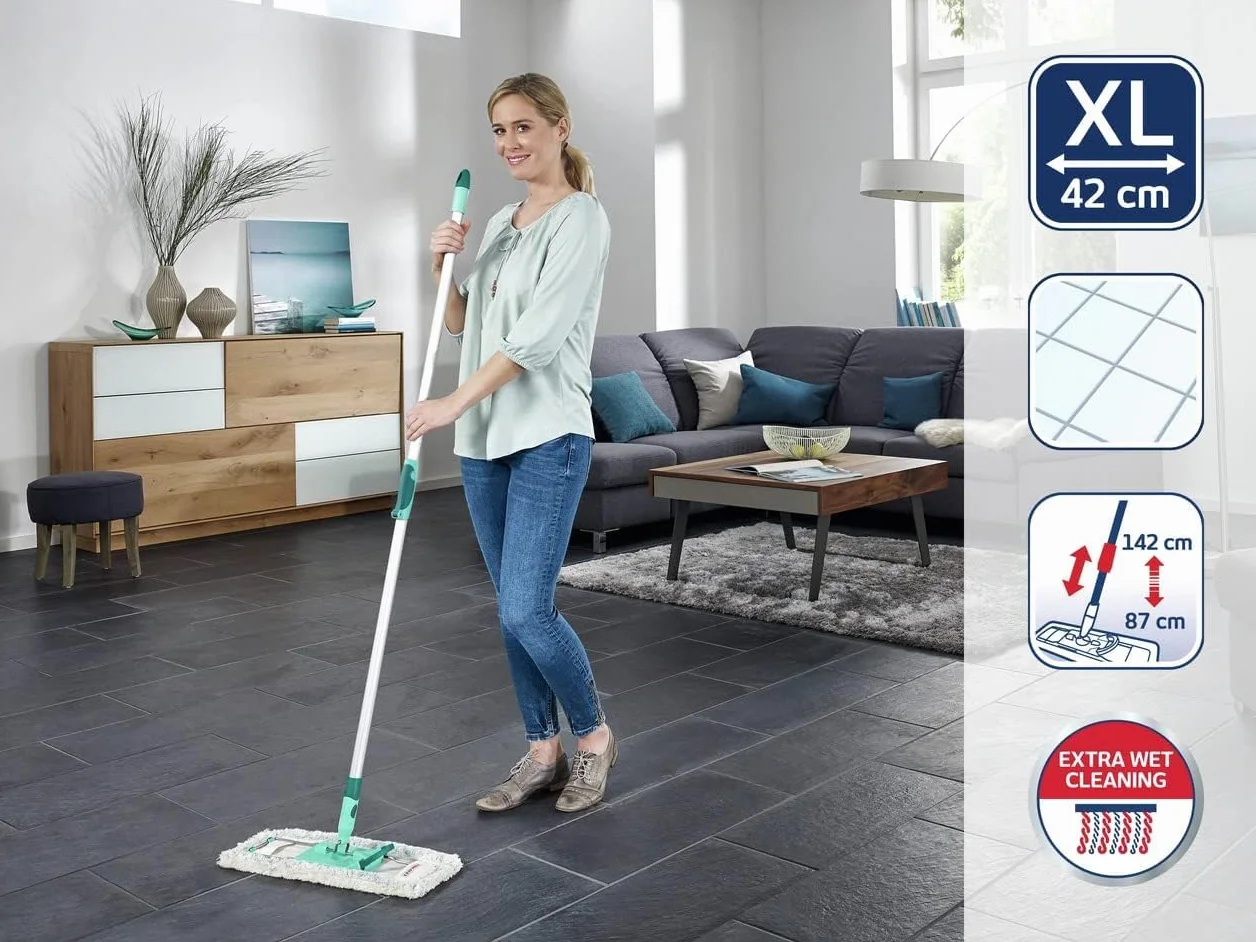 Leifheit Profi XL cotton plus teleskopowy uchwyt 80-135 cm ze stali do płytek i podłóg kamiennych, mop do odkręcania za pomocą kliknięcia nożnego, przegub obrotowy 360°, system zatrzaskowy