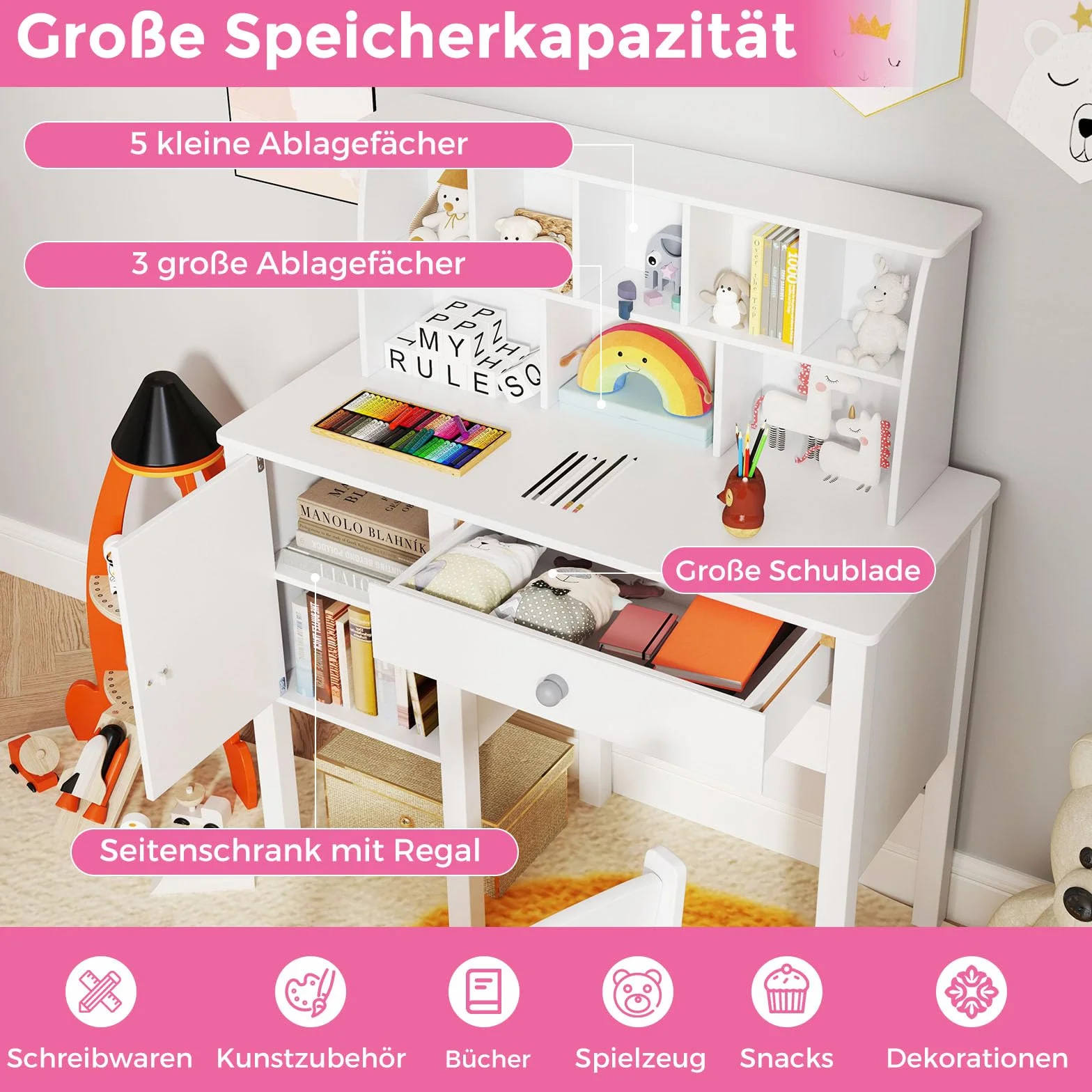 Biurko dziecięce z krzesłem, z szufladą, szafka i regał, do pokoju dziecięcego dla dzieci od 3 lat, 79 x 34 x 91 cm, białe