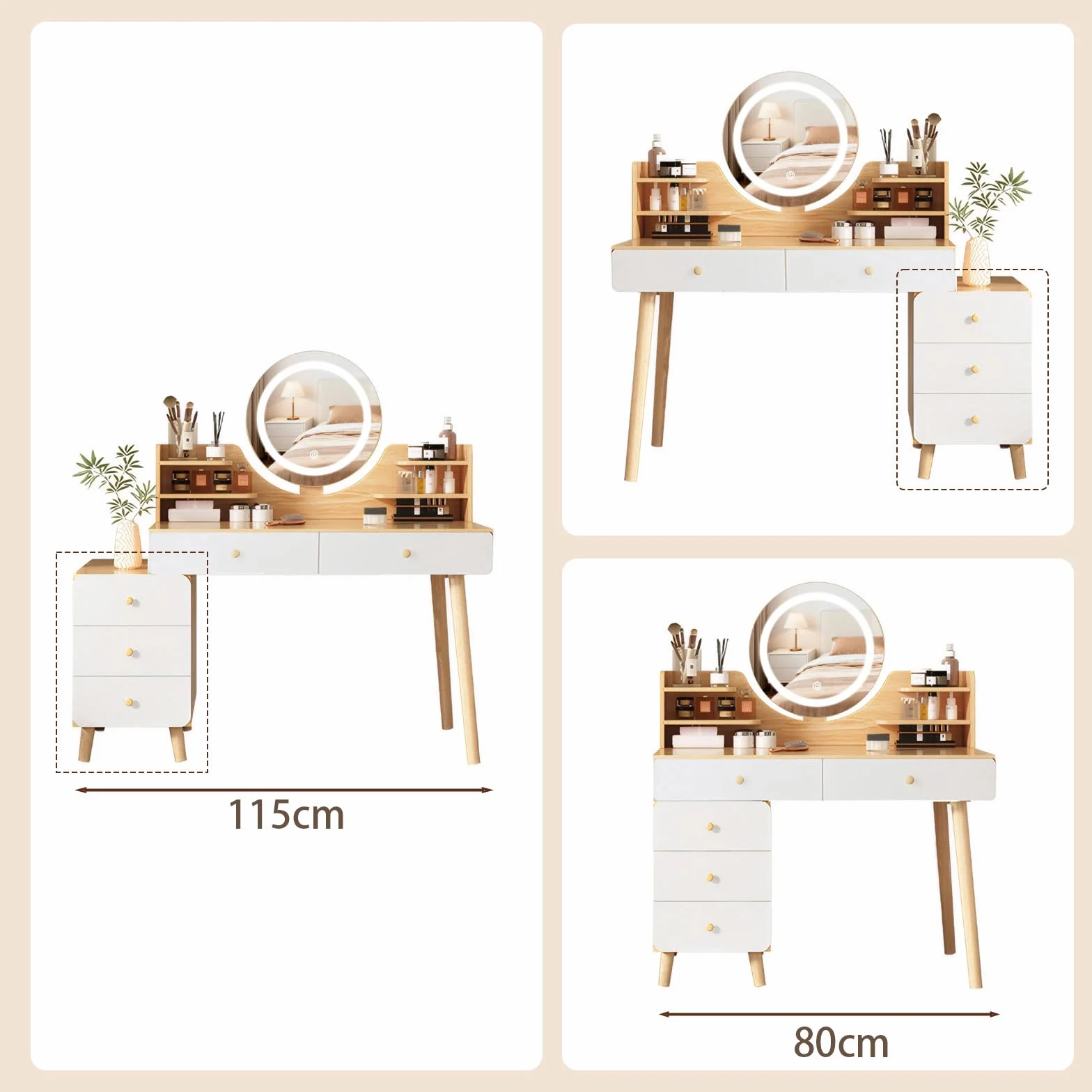 Toaletka z lustrem LED, stolik do makijażu z 5 szufladami i 6 półkami do przechowywania, 40 x 80 x 134 cm, toaletka z wysuwanym schowkiem, nowoczesny styl drewniany, biała
